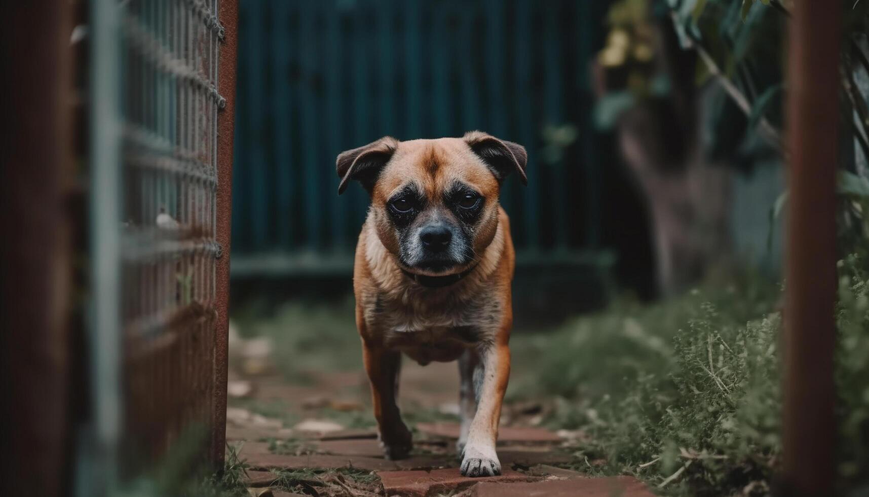 uma fofa francês buldogue sentado ao ar livre, olhando às a Câmera gerado de ai foto