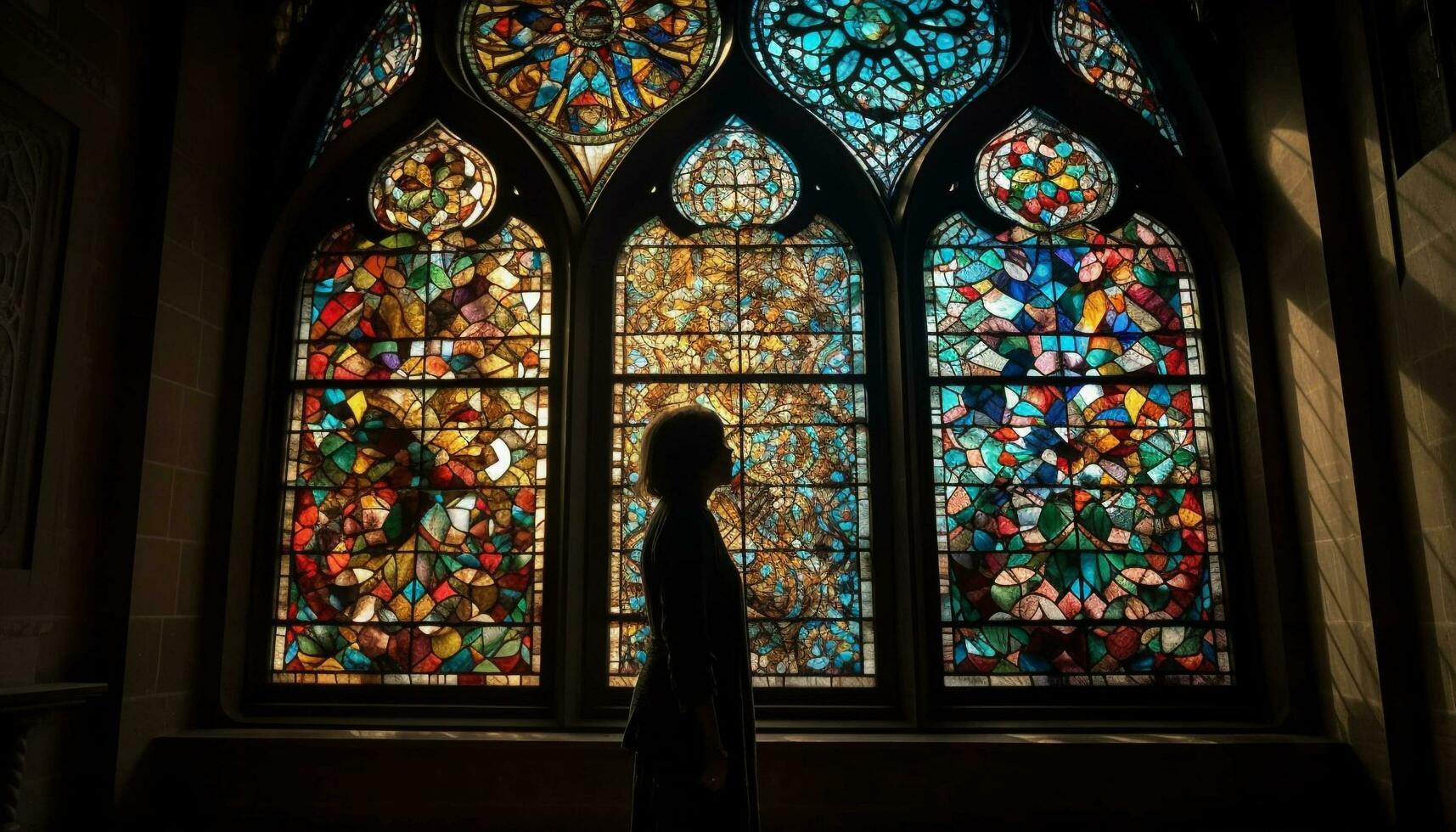 Rezar homens e mulheres admirar manchado vidro dentro gótico catedral gerado de ai foto