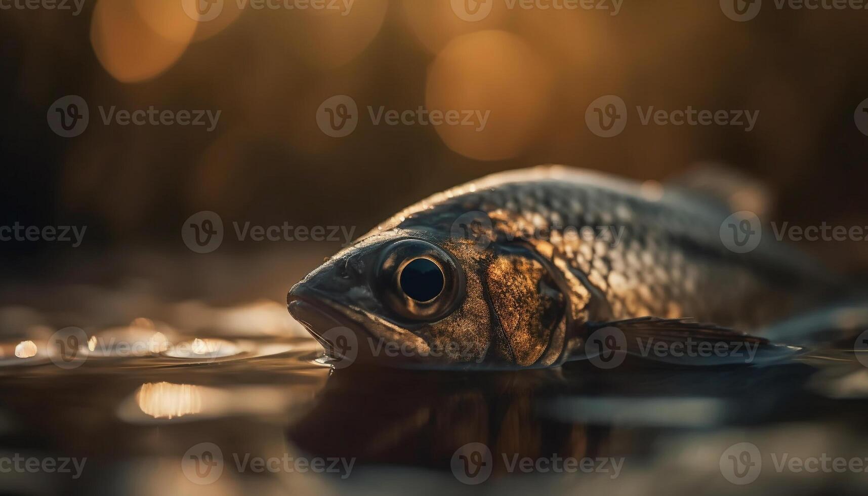 carpa olho reflete natural beleza do tranquilo água fresca lagoa às pôr do sol gerado de ai foto