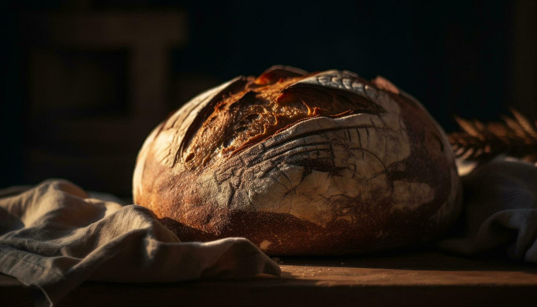 recentemente cozido rústico pão em de madeira mesa, perfeito para refeição gerado de ai foto
