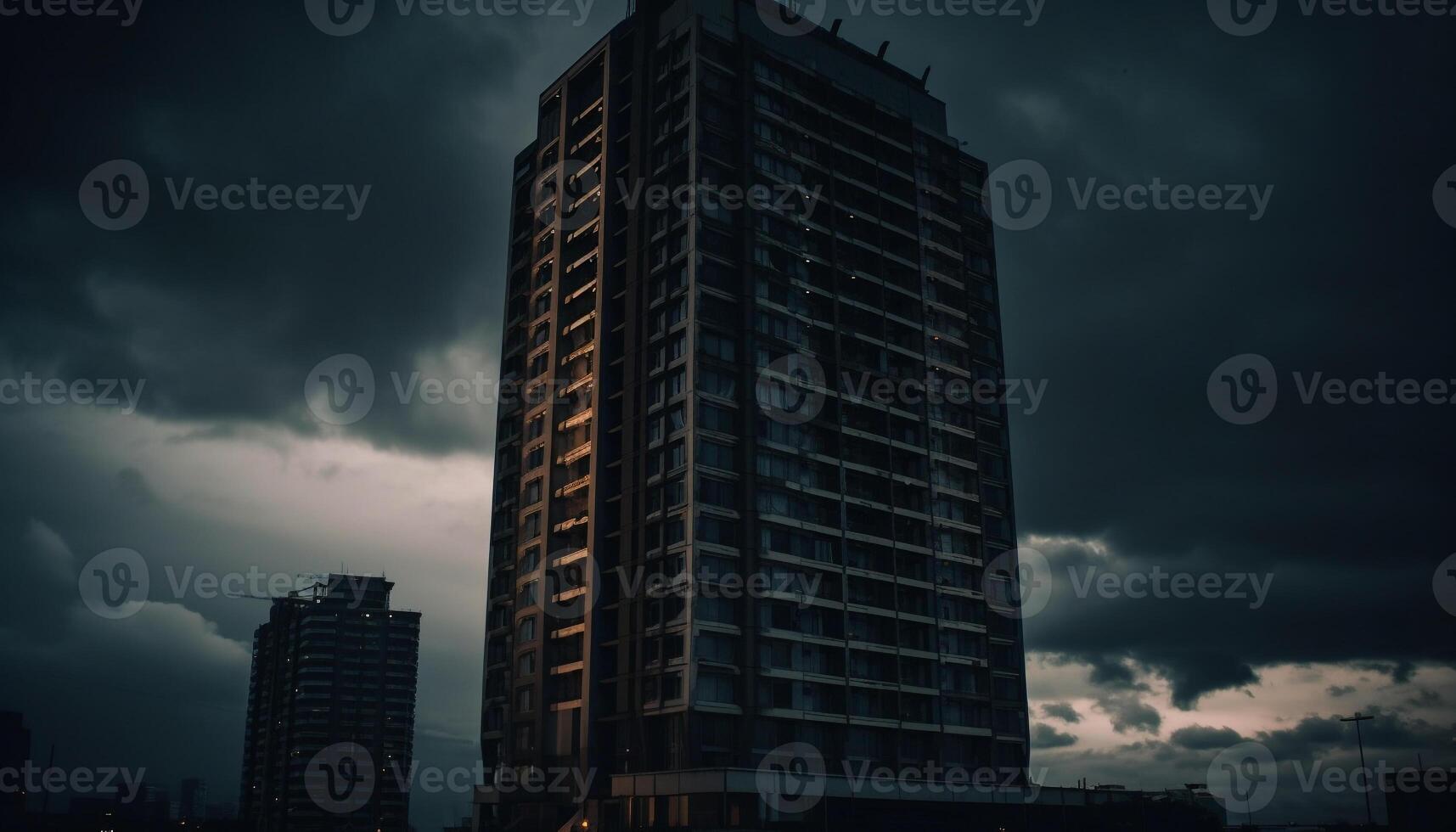 moderno arranha-céu silhueta ilumina paisagem urbana às dramático crepúsculo crepúsculo gerado de ai foto