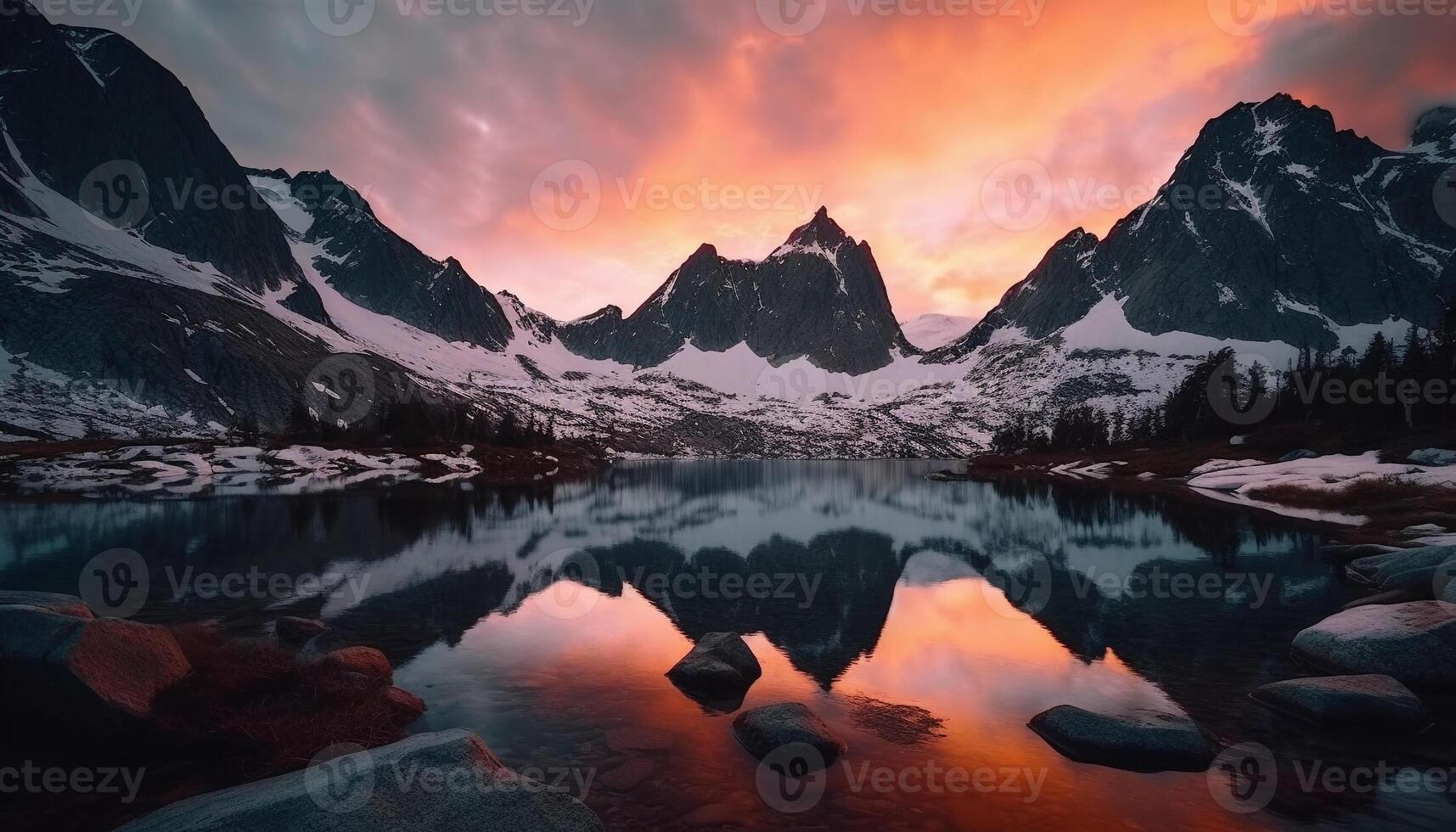 majestoso montanha alcance reflete tranquilo cena às crepúsculo, uma beleza dentro natureza gerado de ai foto