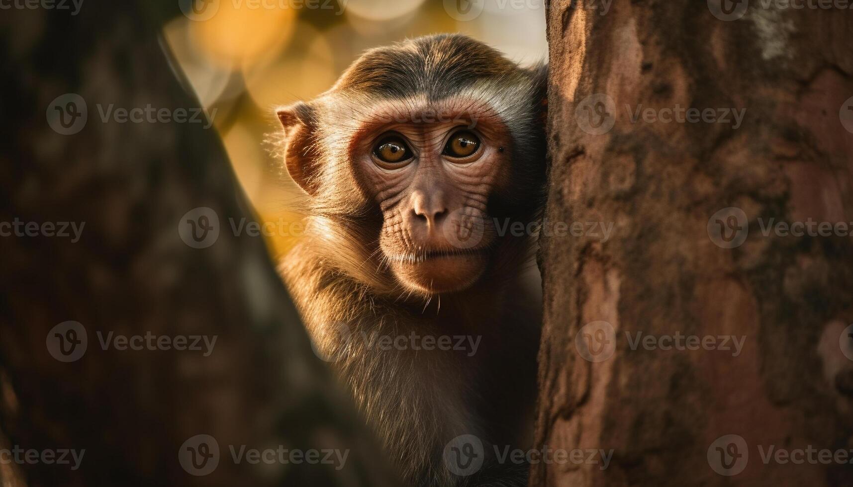 uma fofa jovem macaco, com uma peludo face, comendo pacificamente gerado de ai foto