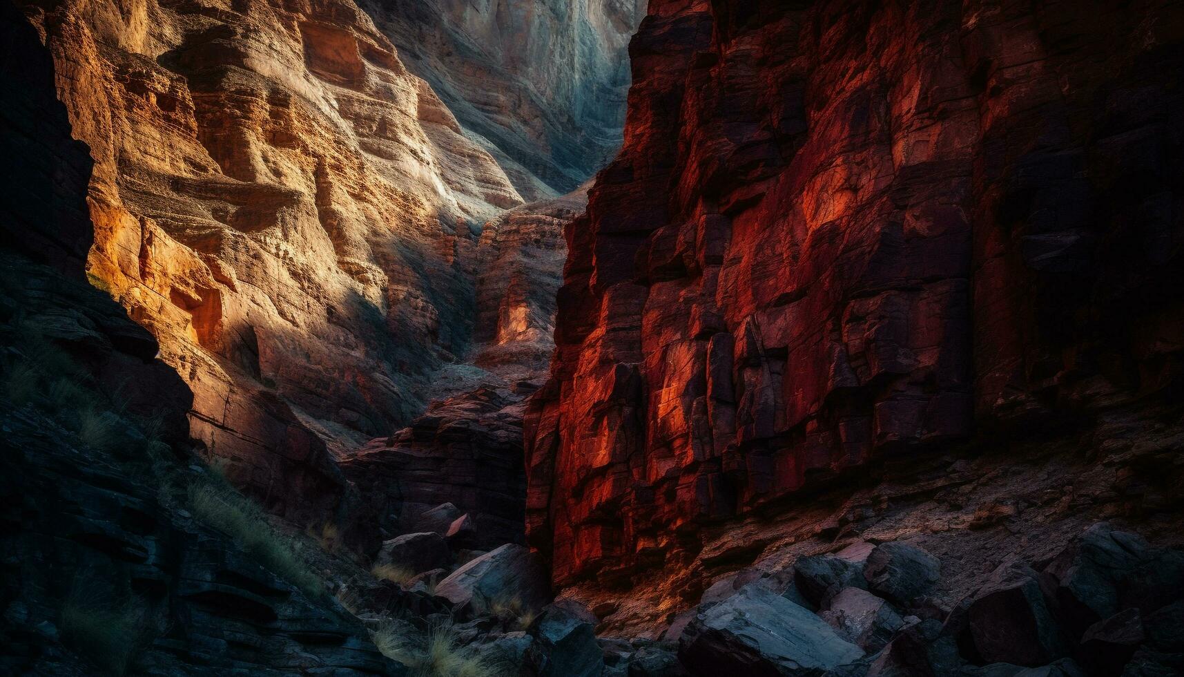 majestoso montanha faixa, erodido Rocha formações, tranquilo cena às crepúsculo gerado de ai foto