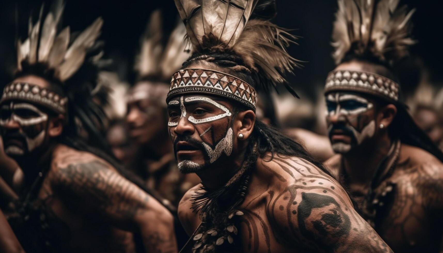 indígena líderes comemoro tradicional festival com face pintura e pena gerado de ai foto