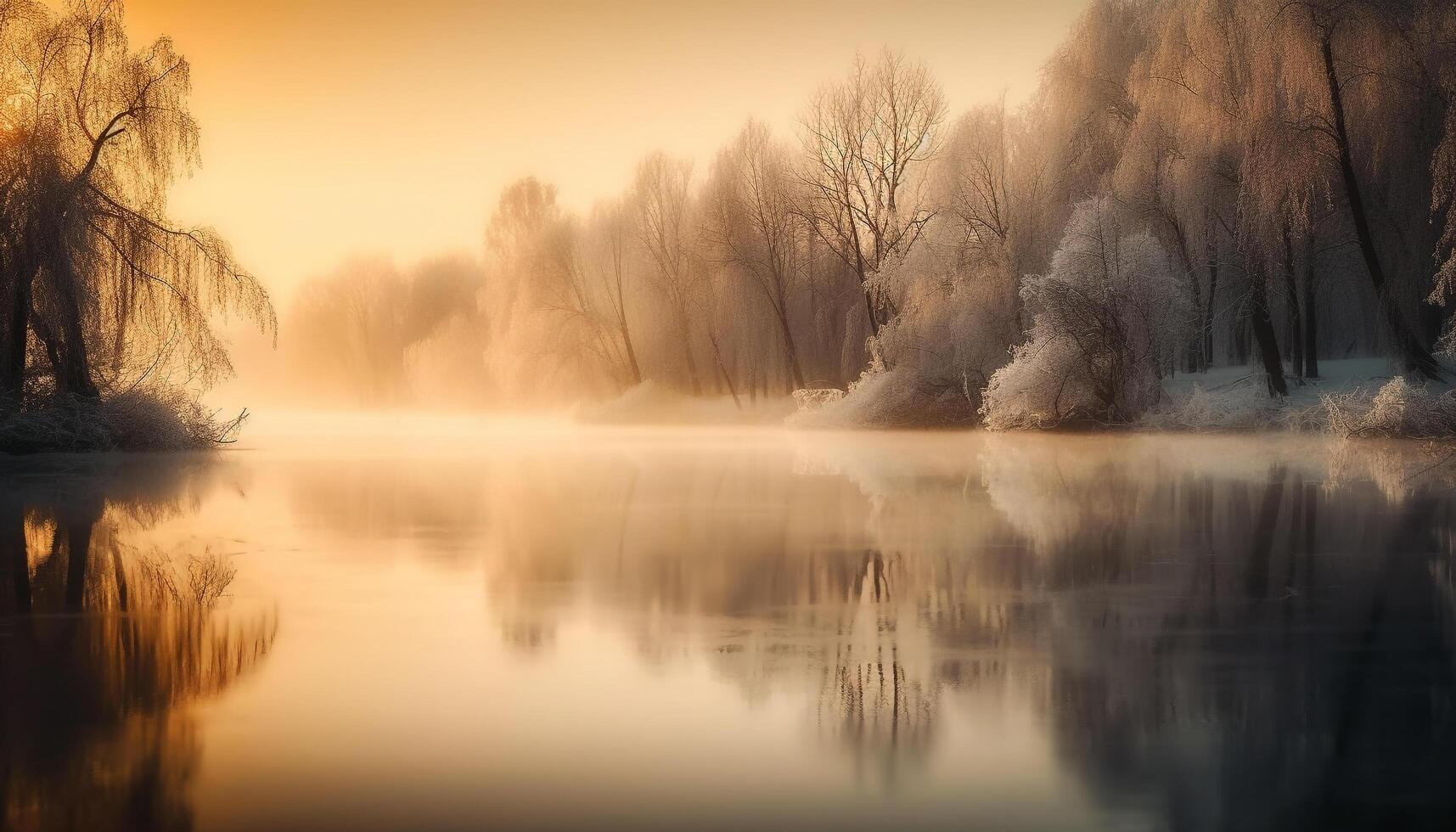 uma tranquilo cena do uma floresta refletido dentro uma lagoa gerado de ai foto