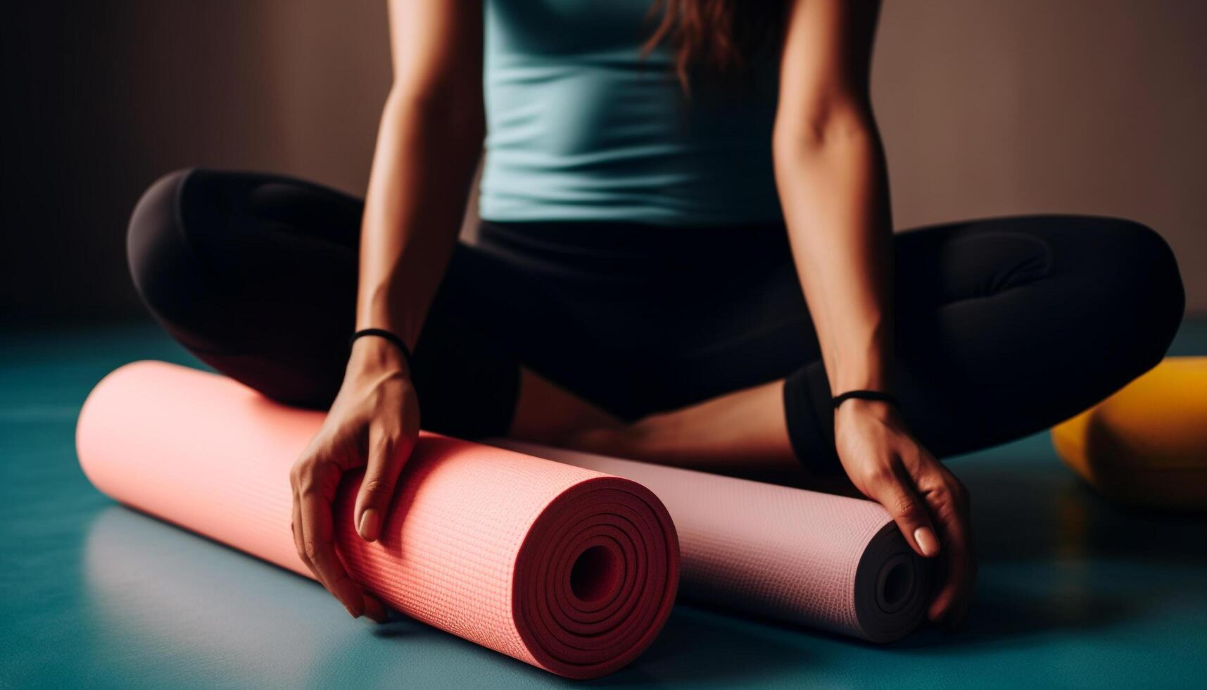 1 mulher meditando dentro lótus posição em exercício esteira dentro de casa gerado de ai foto