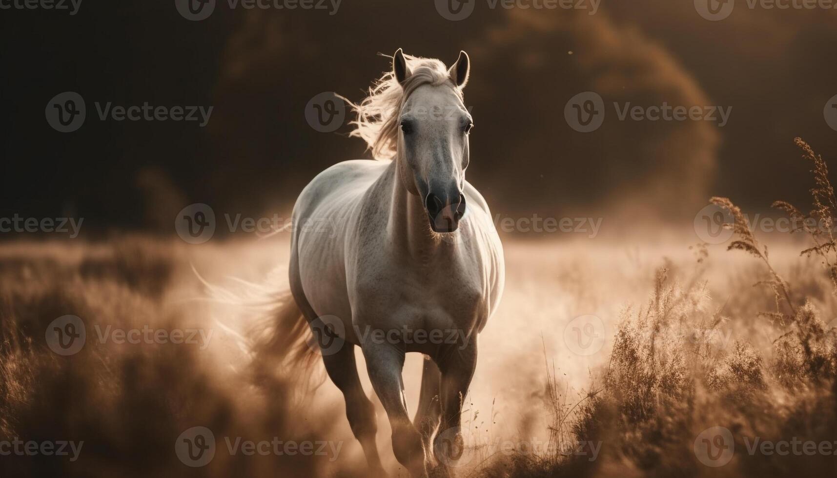 a majestoso garanhão corre livre dentro a tranquilo Prado gerado de ai foto