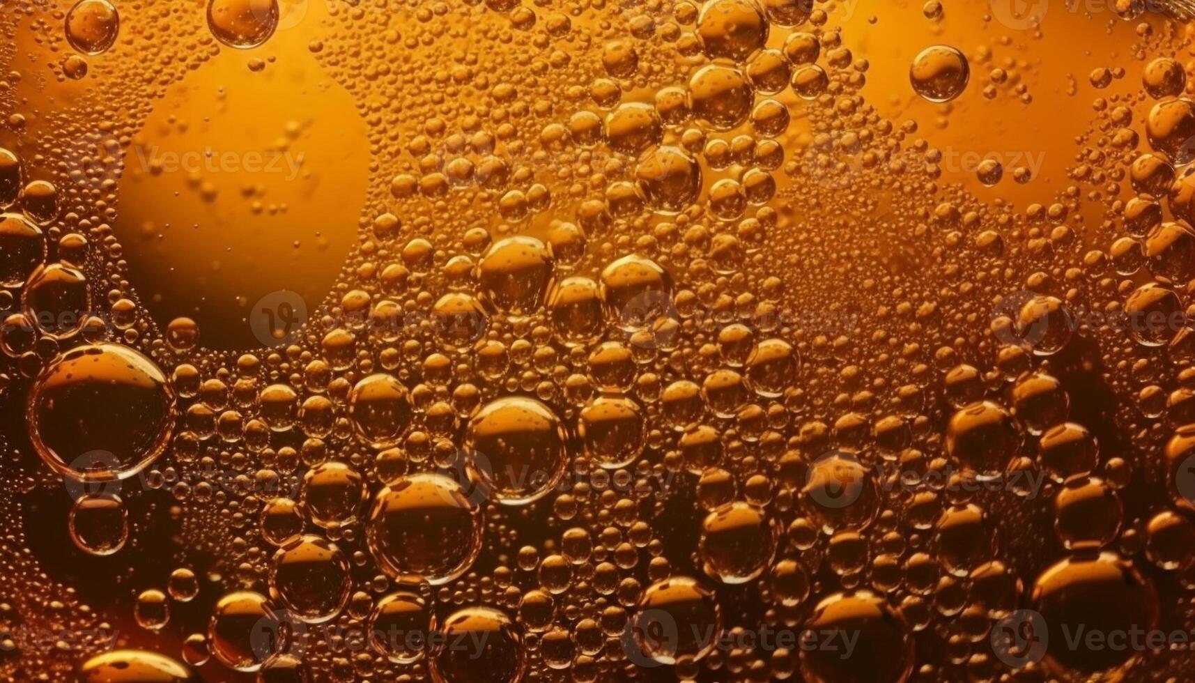 dourado bolhas respingo em molhado vidro, refrescante beber dentro mão gerado de ai foto