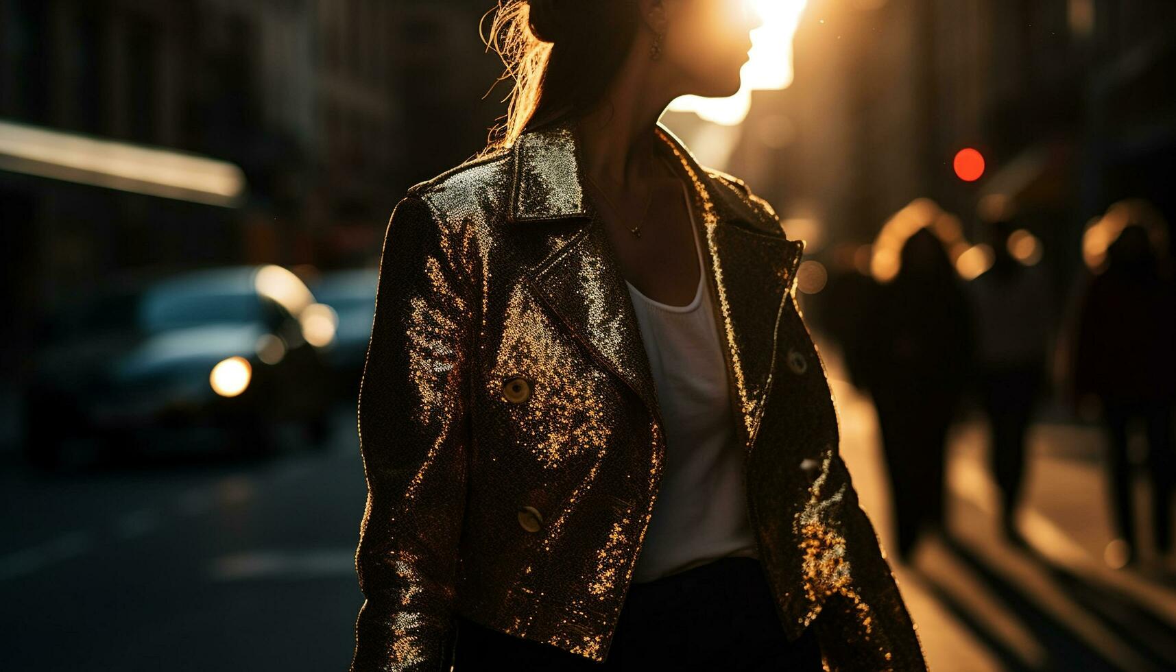 1 jovem mulher em pé ao ar livre, costas aceso de pôr do sol, sorridente gerado de ai foto