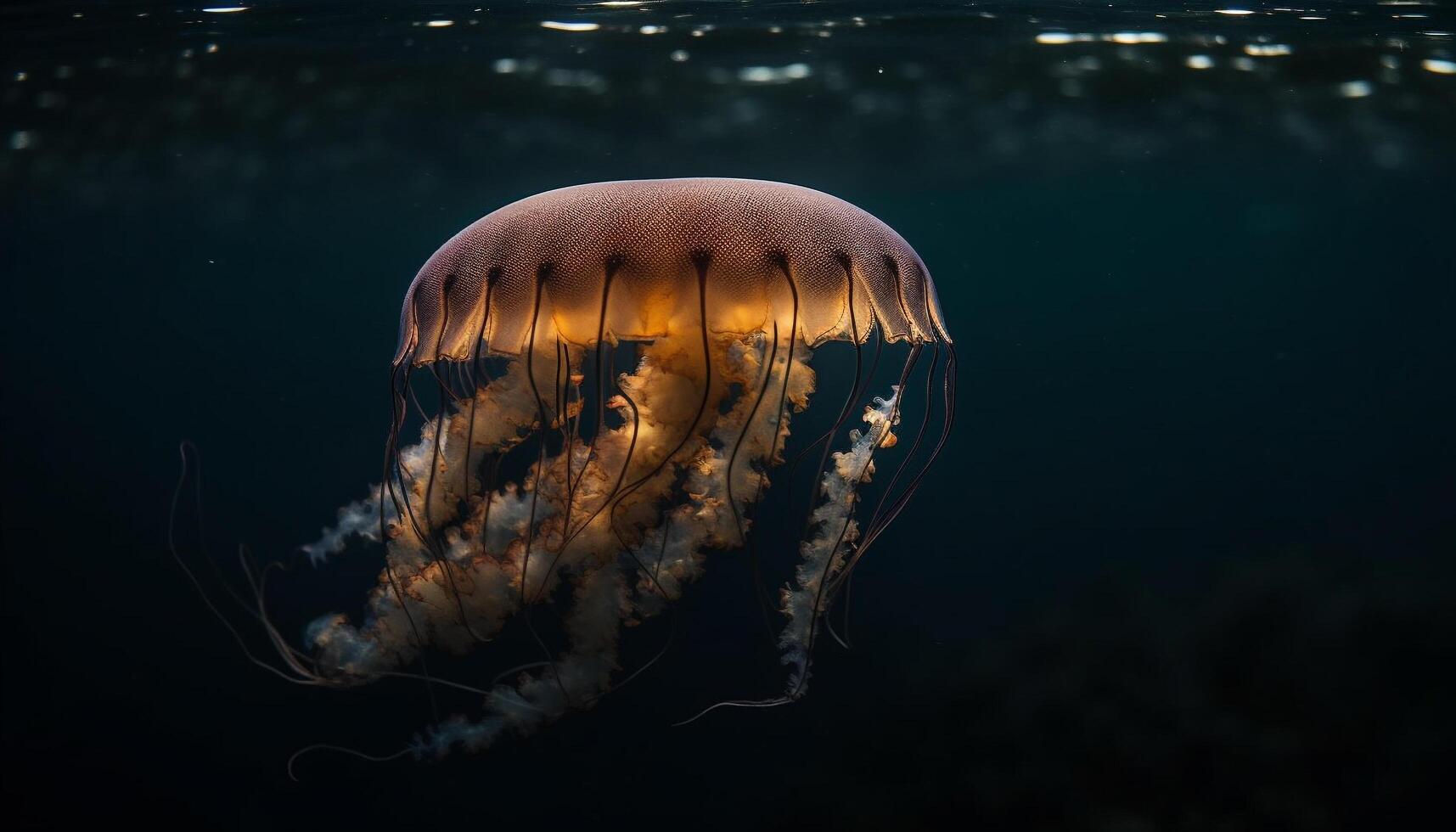 profundo mar mergulho revela a beleza e Perigo do lua medusa gerado de ai foto