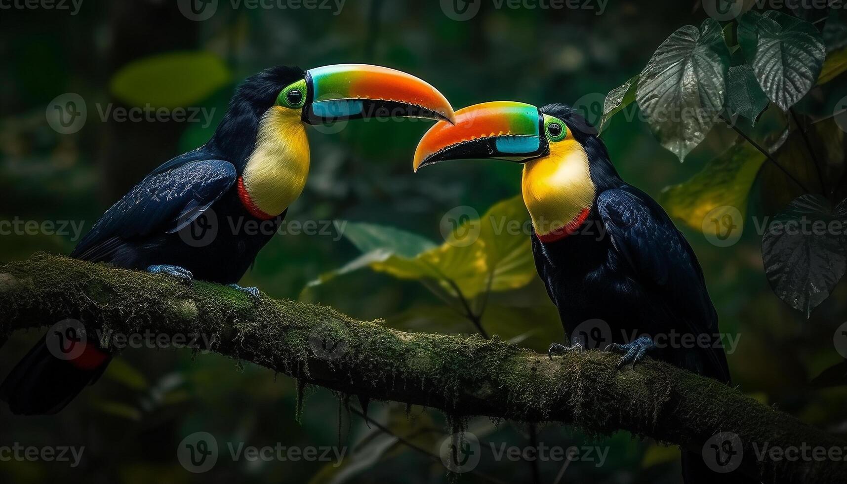 vibrante tucanos poleiro em multi colori galhos dentro tropical florestas tropicais gerado de ai foto