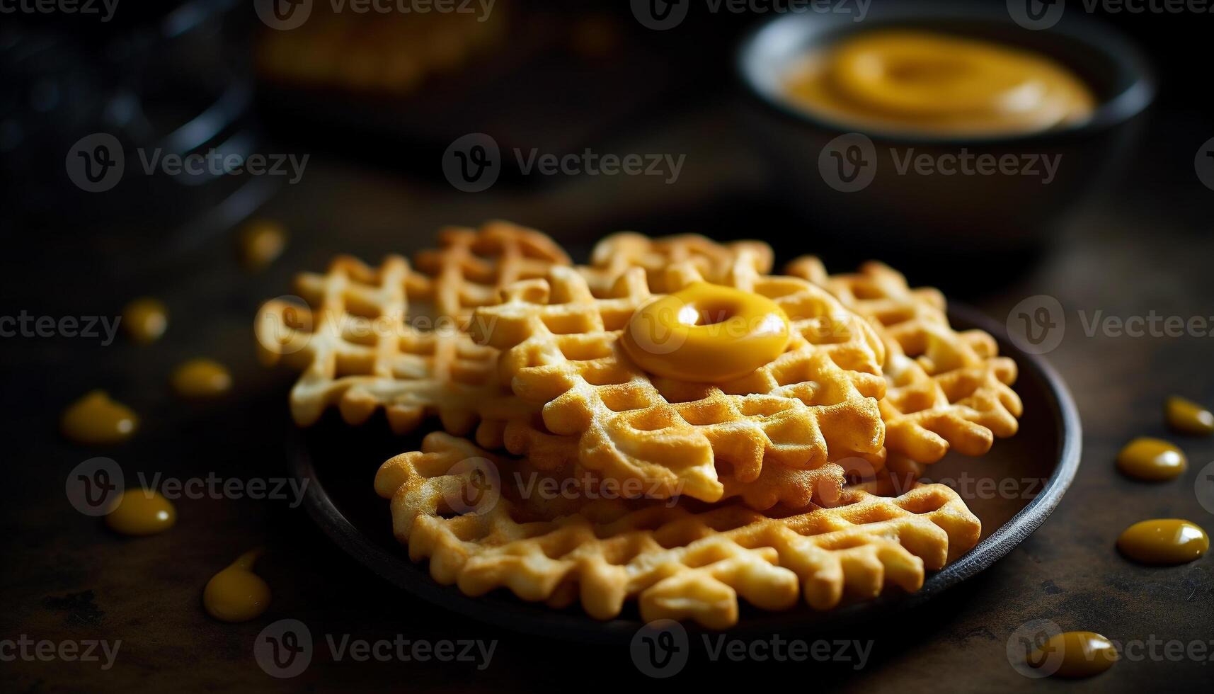 uma prato do Belga bolo seco friável e waffles, pronto para comer indulgência gerado de ai foto