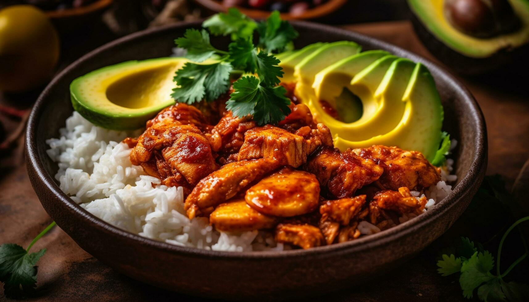 grelhado frango salada com fresco vegetais, coentro, e abacate mergulho gerado de ai foto