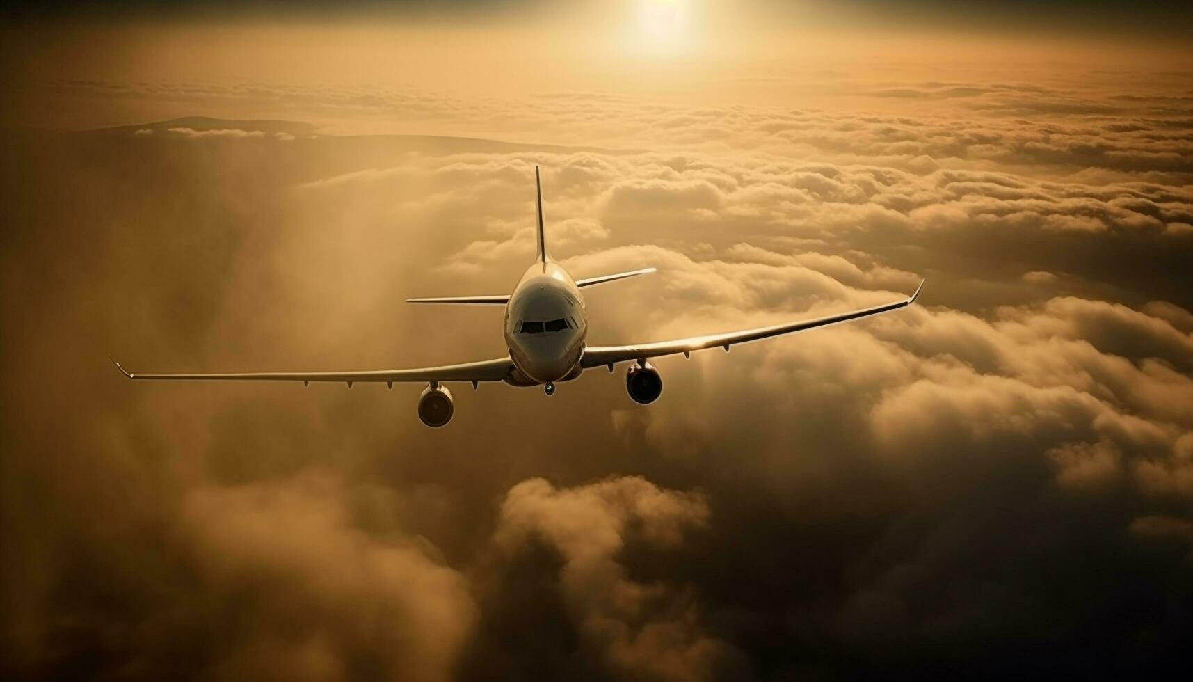 pôr do sol voo, subindo através a nuvens dentro uma comercial avião gerado de ai foto