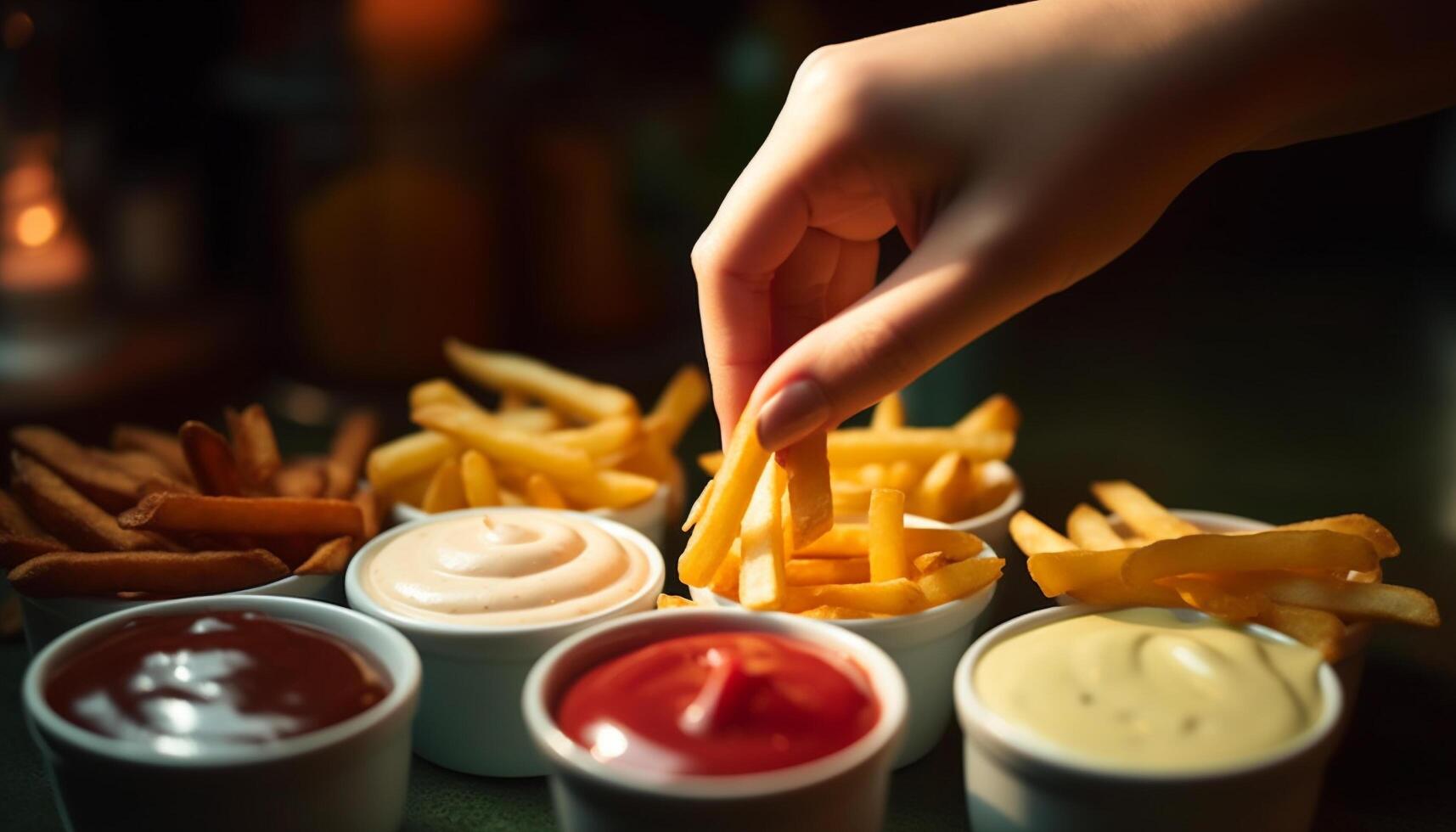 mão segurando grelhado carne Aperitivo com fritas e ketchup mergulho gerado de ai foto