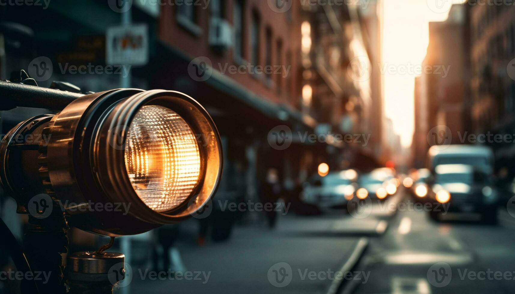 velho formado lanternas iluminar cidade rua às crepúsculo, criando borrado movimento gerado de ai foto