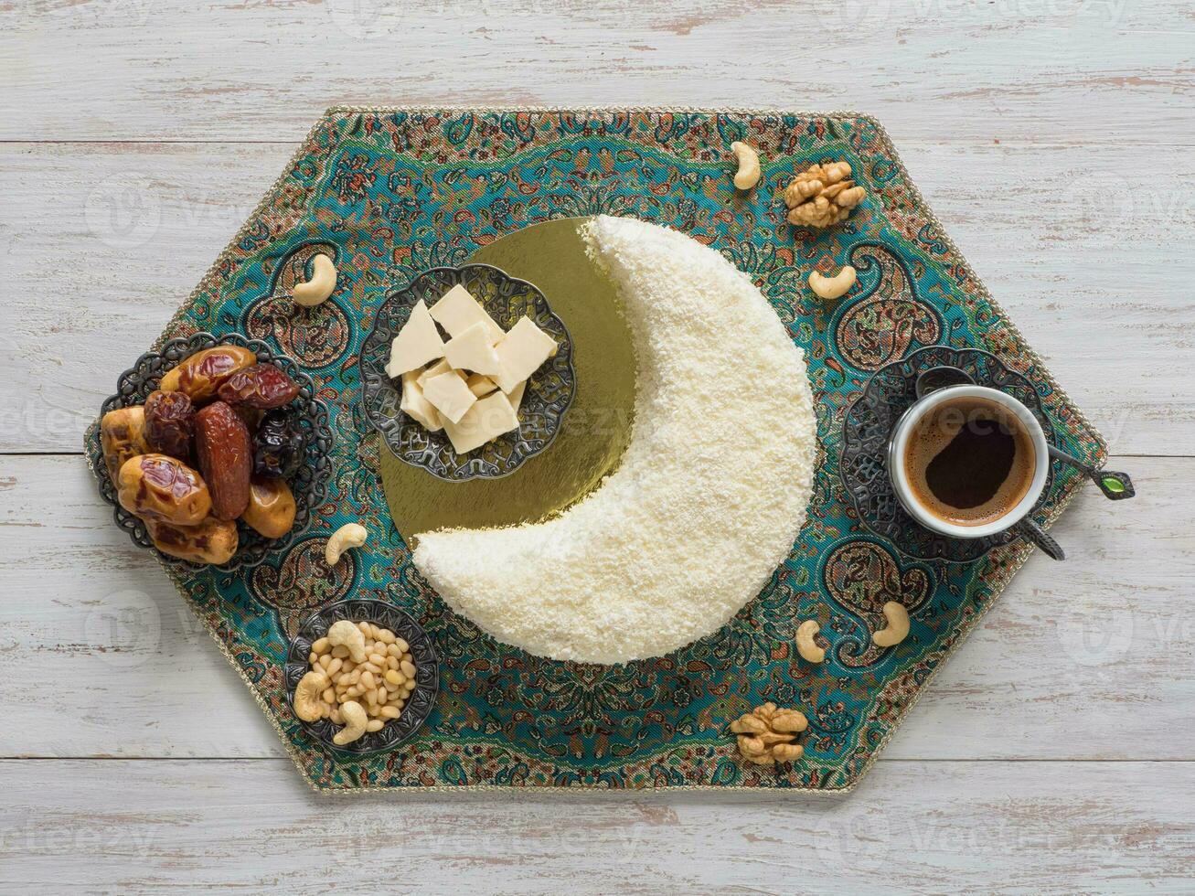 festivo Comida Ramadã fundo. delicioso caseiro bolo dentro a forma do uma crescente lua, servido com datas e café copo foto