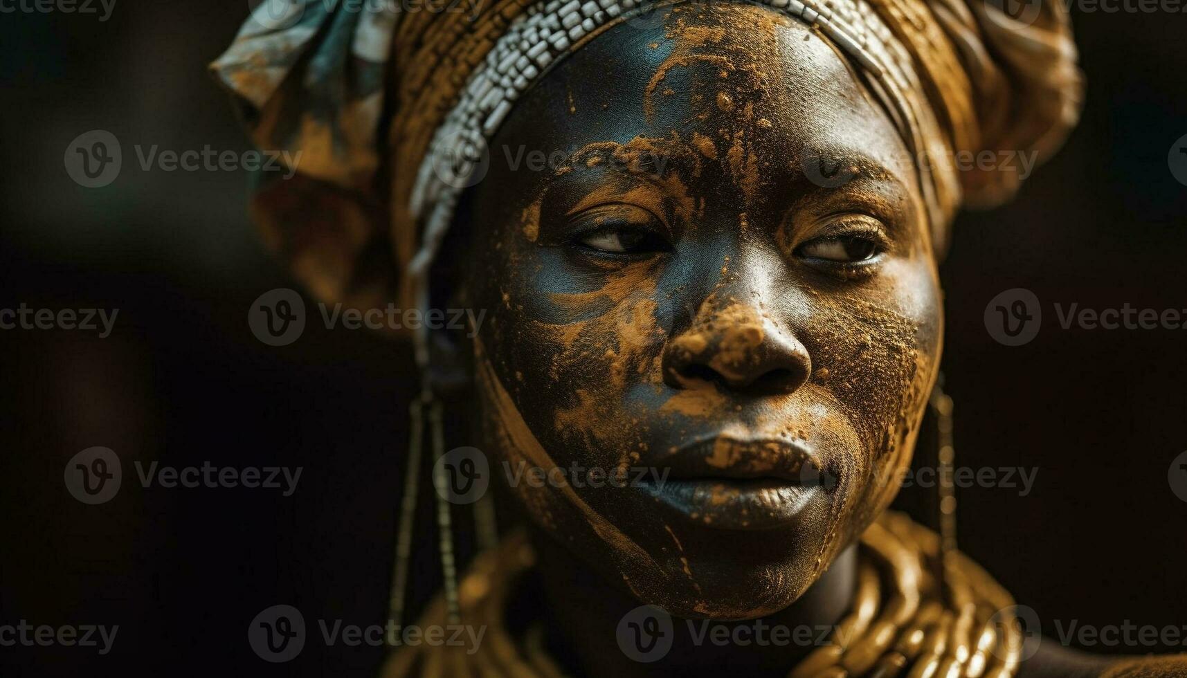 africano mulher elegância brilha dentro tradicional roupas e ouro joalheria gerado de ai foto