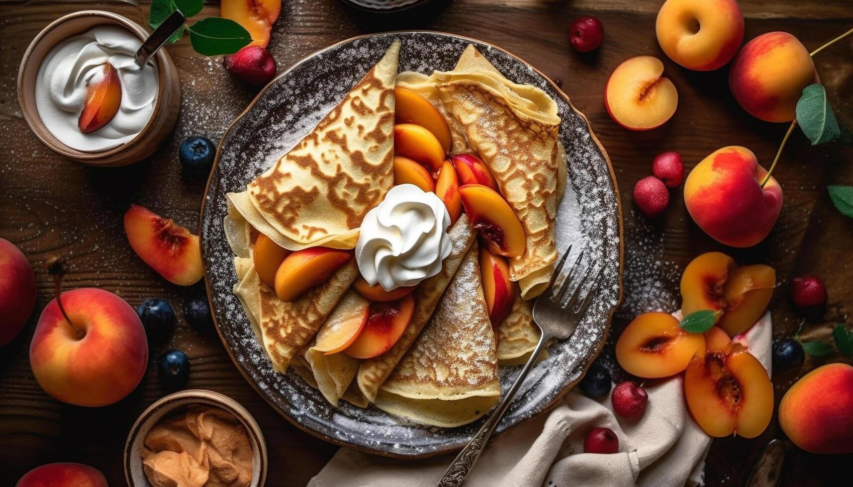 recentemente cozido crepes com misturado baga molho gerado de ai foto