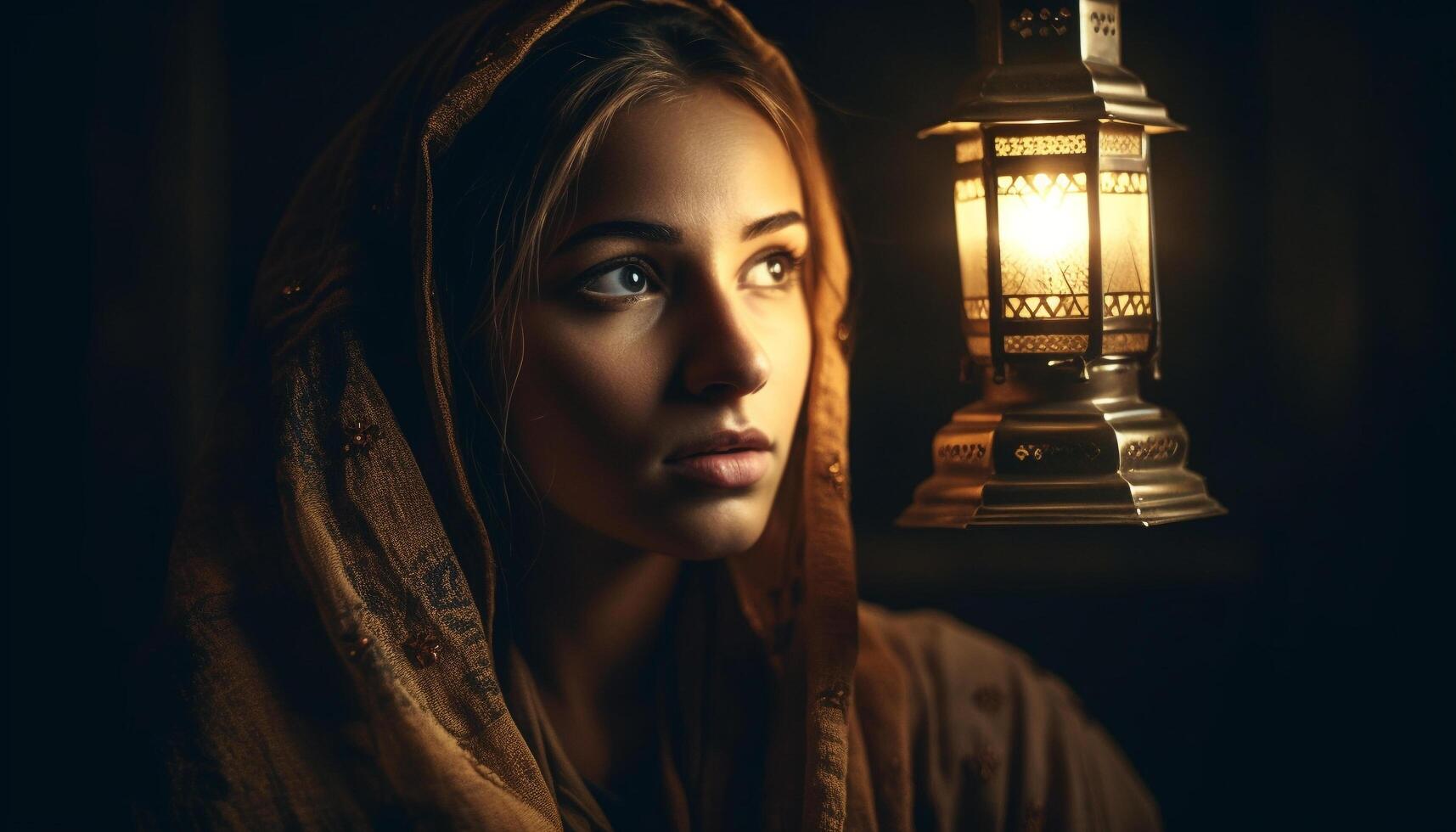 lindo mulher dentro tradicional roupas cercado de lanternas gerado de ai foto