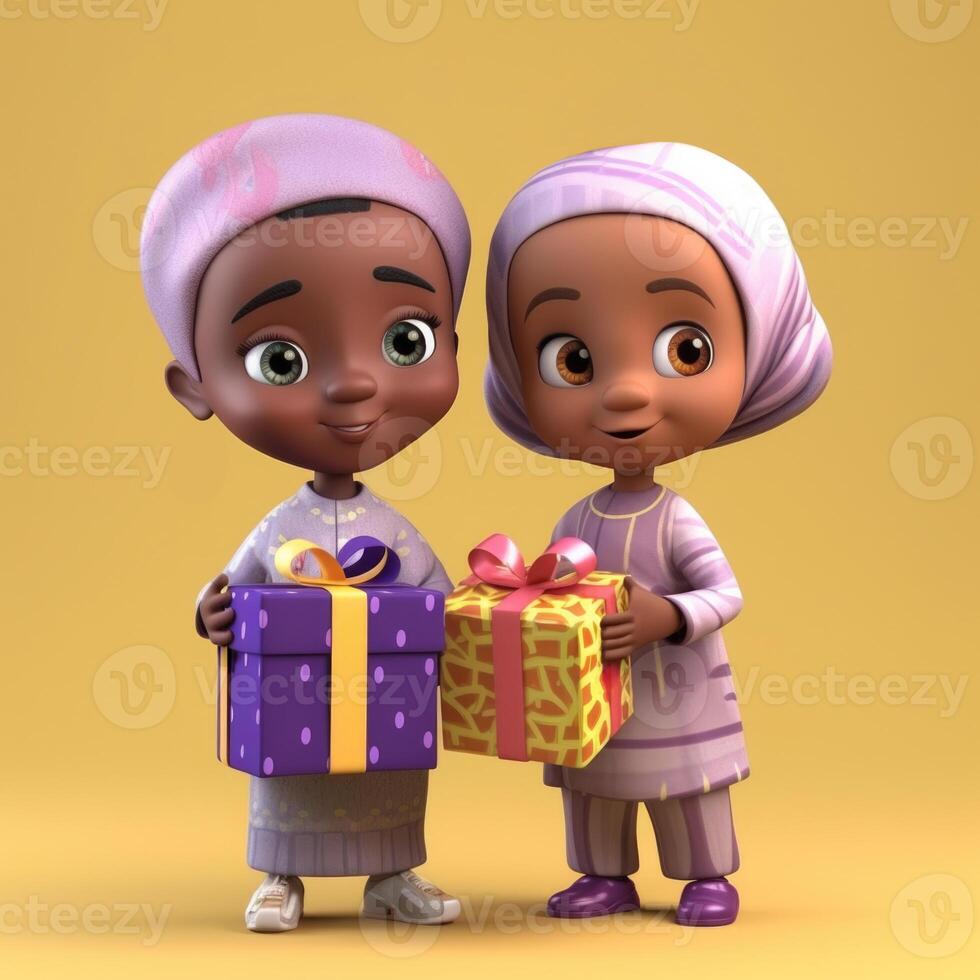 adorável Disney estilo avatar do tradicional vestuário africano crianças segurando presente caixas. eid ou Ramadã Mubarak conceito, generativo ai. foto