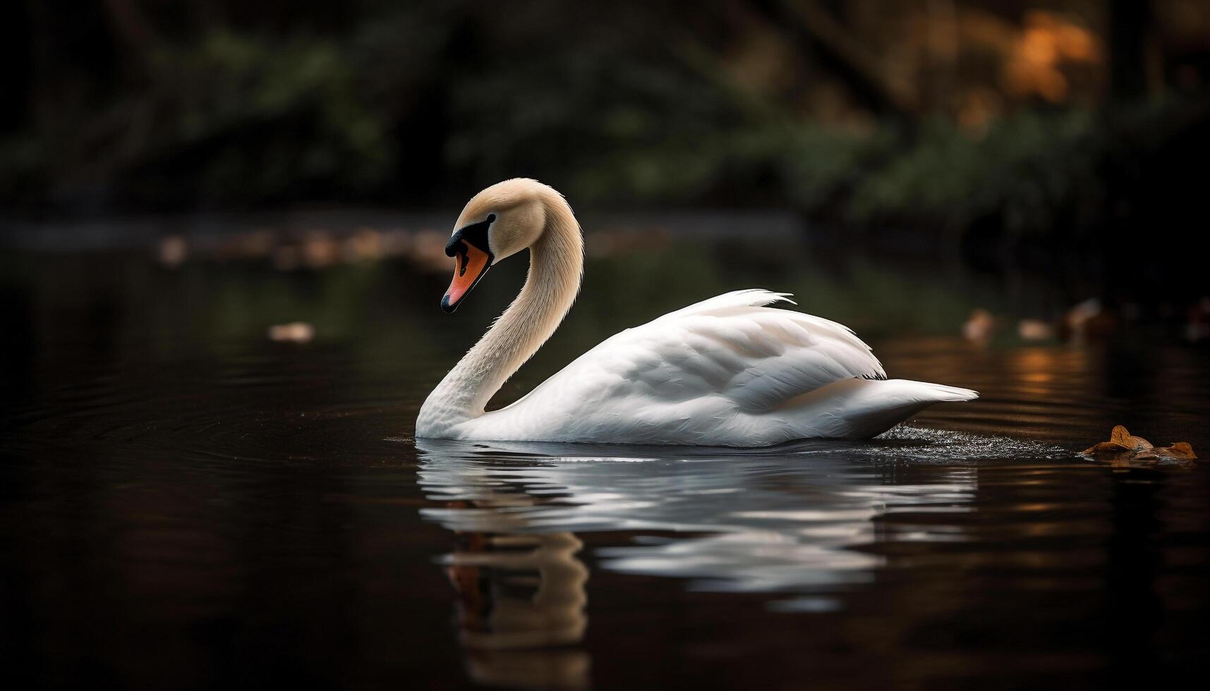 elegante cisne desliza em tranquilo lagoa água gerado de ai foto