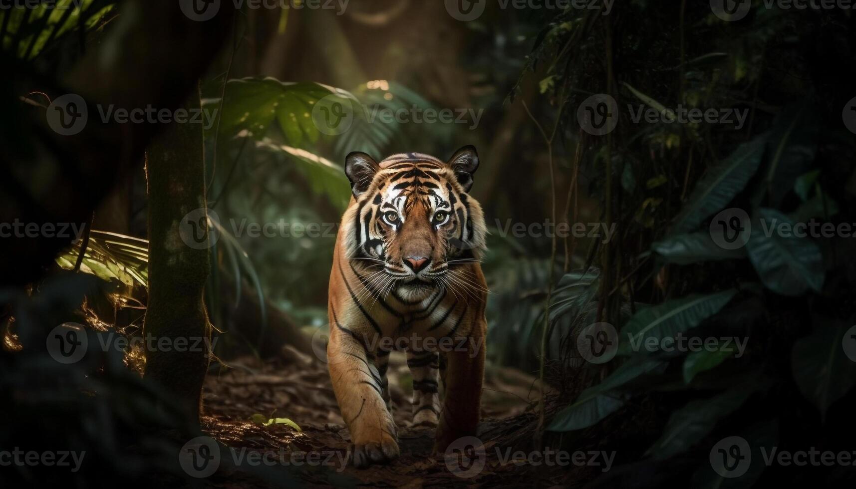ameaçadas de extinção Bengala tigre encarando dentro tropical floresta tropical gerado de ai foto