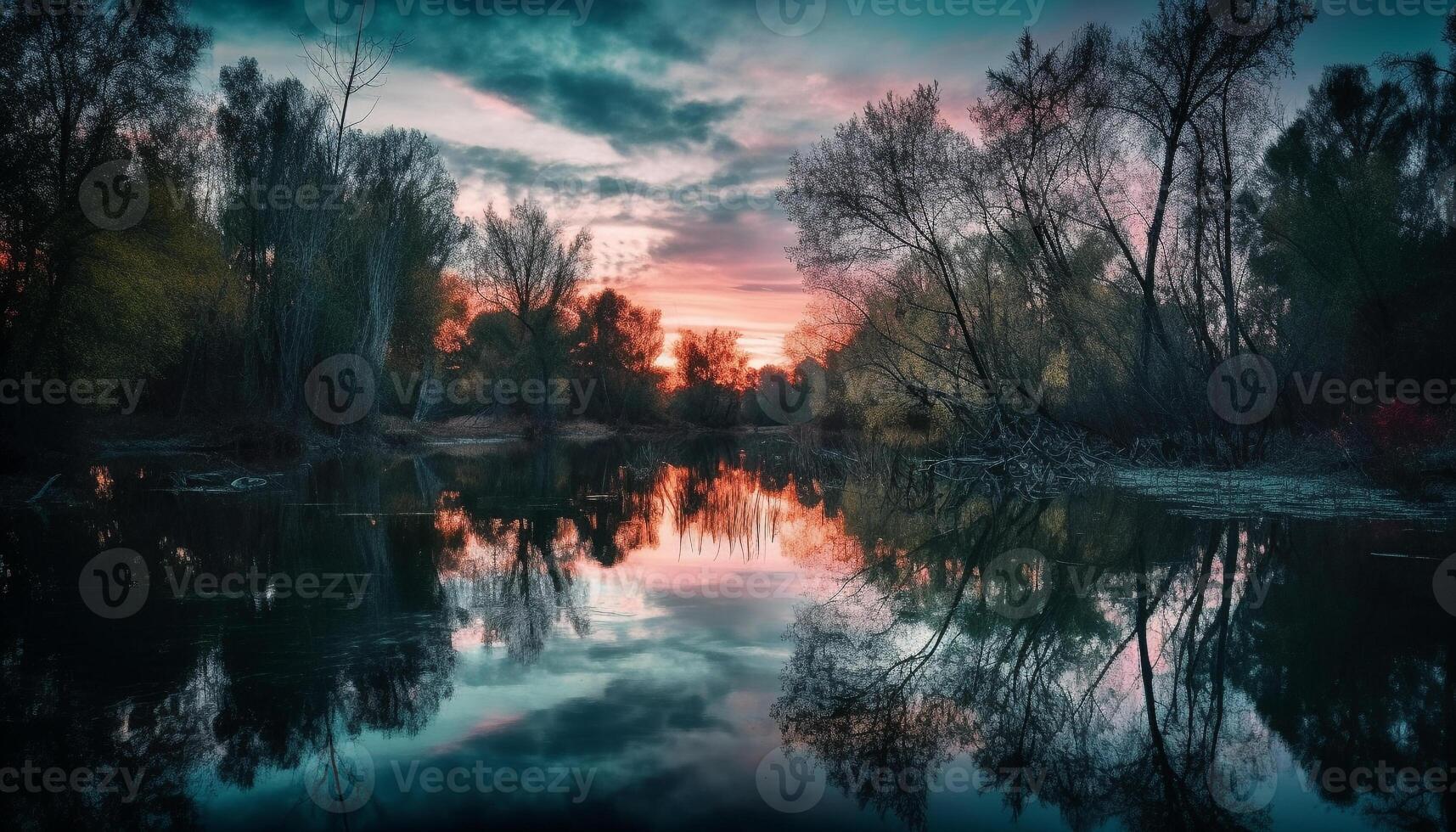 tranquilo floresta lagoa às crepúsculo reflete multi colori céu gerado de ai foto