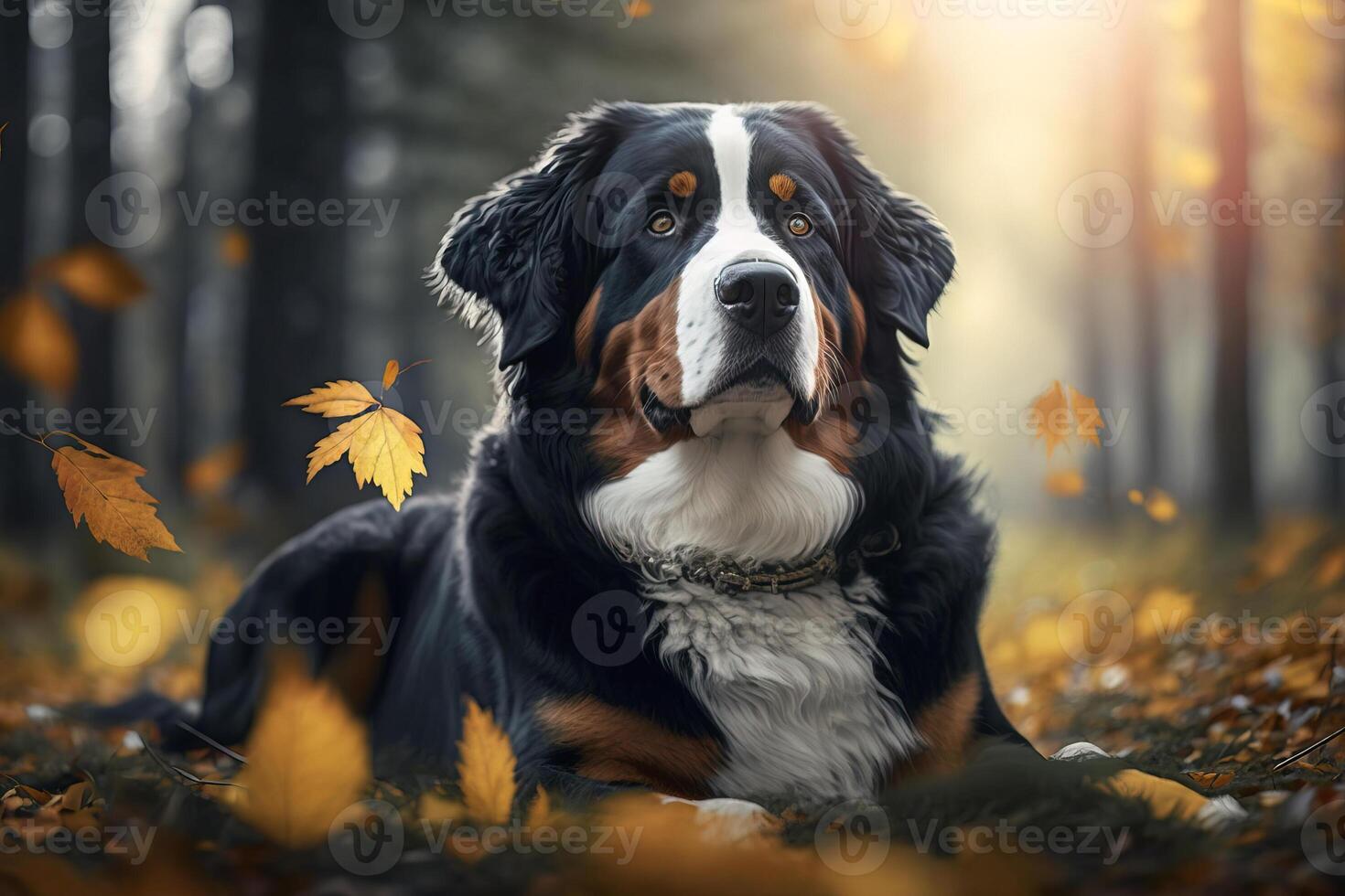 Bernese montanha cachorro dentro outono floresta. generativo ai foto