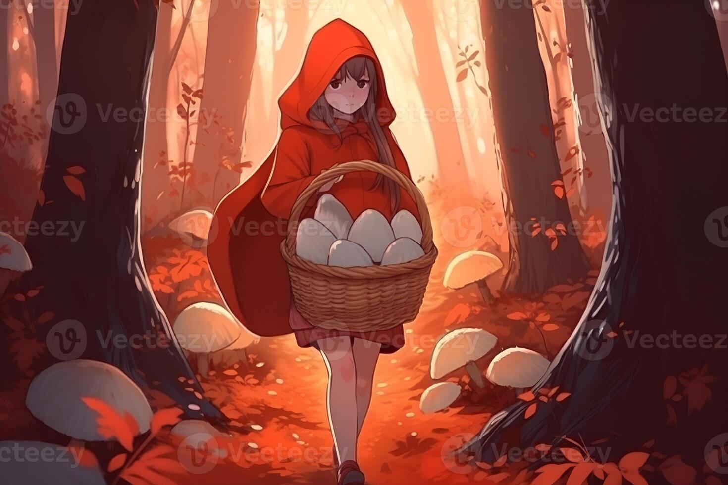 ai gerado cenário do pequeno vermelho equitação capuz, conto de fadas personagem caminhando dentro a floresta com cesta dentro dela mão foto