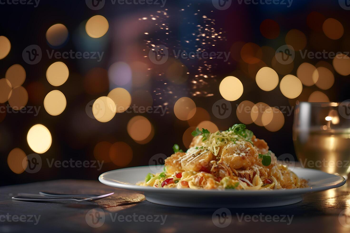 Comida e beber contra uma festivo restaurantes bokeh fundo, generativo ai. foto