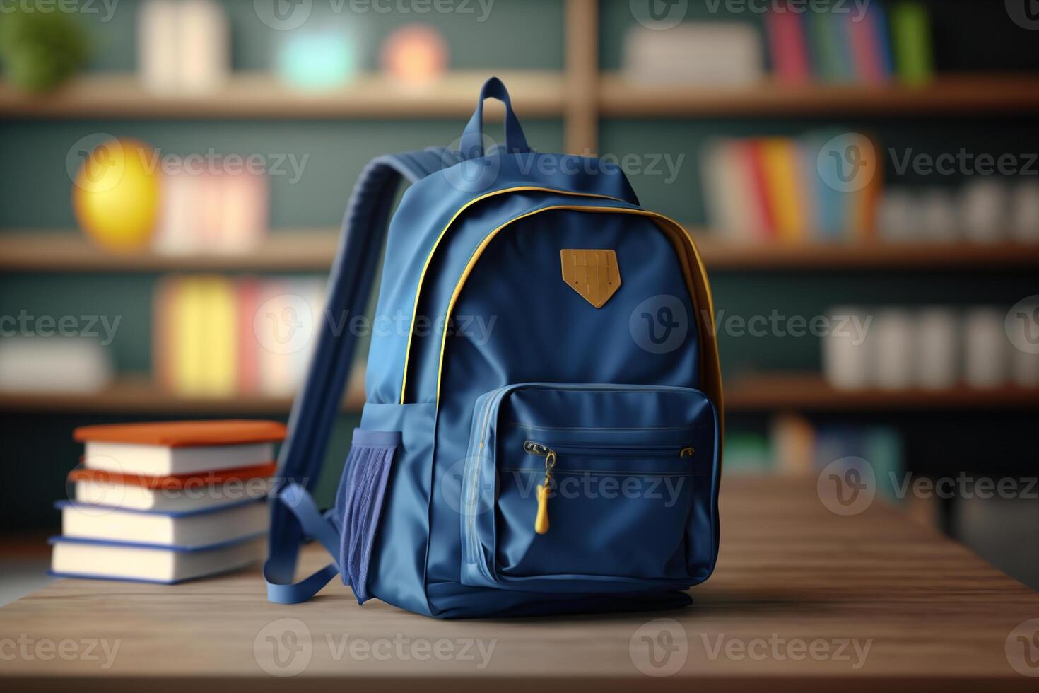 azul mochila com escola suprimentos em de madeira mesa contra borrado livro prateleiras ai gerado foto