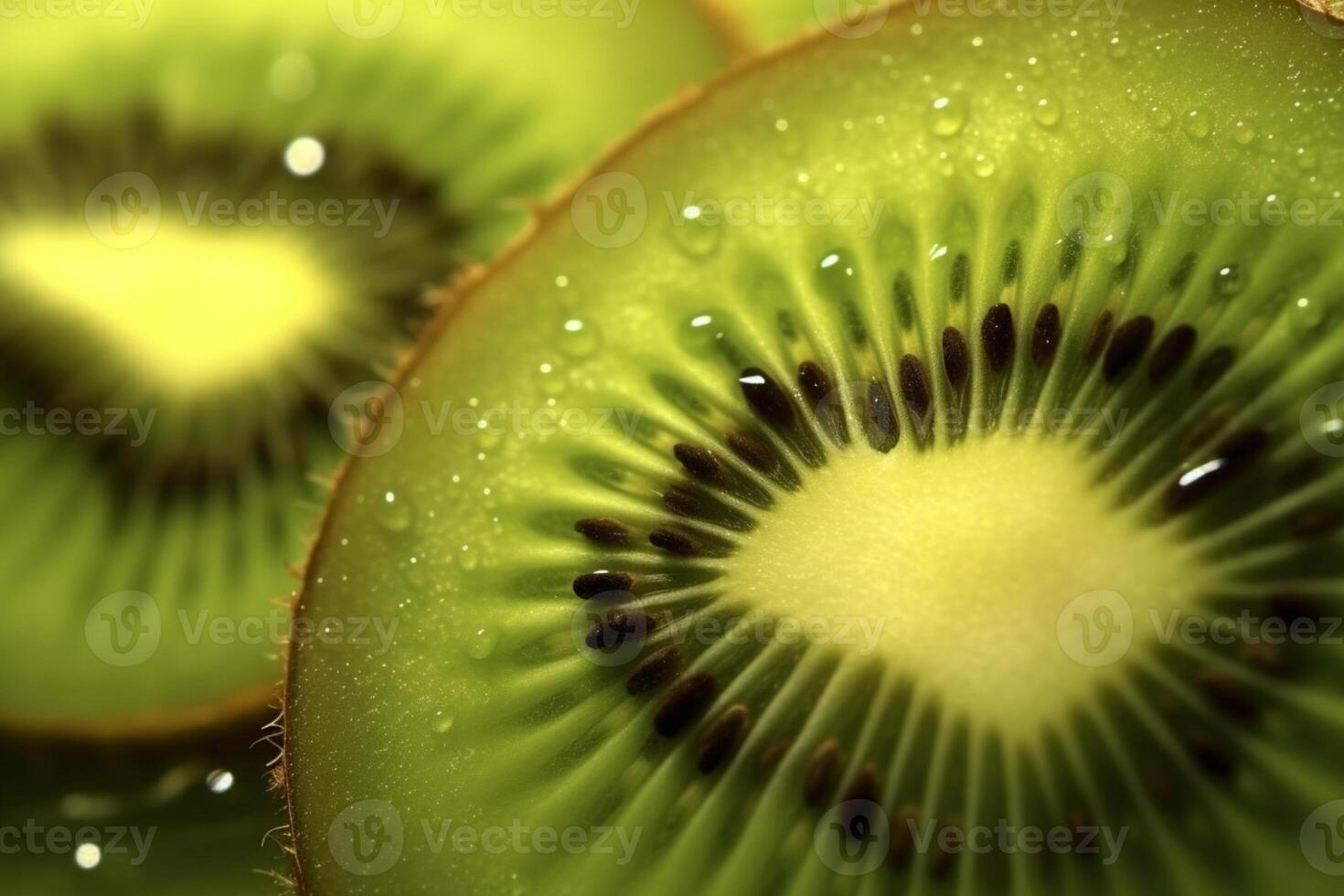 exótico kiwi tratar, fechar-se do fatiado kiwi fruta, estourando com picante ai gerado foto