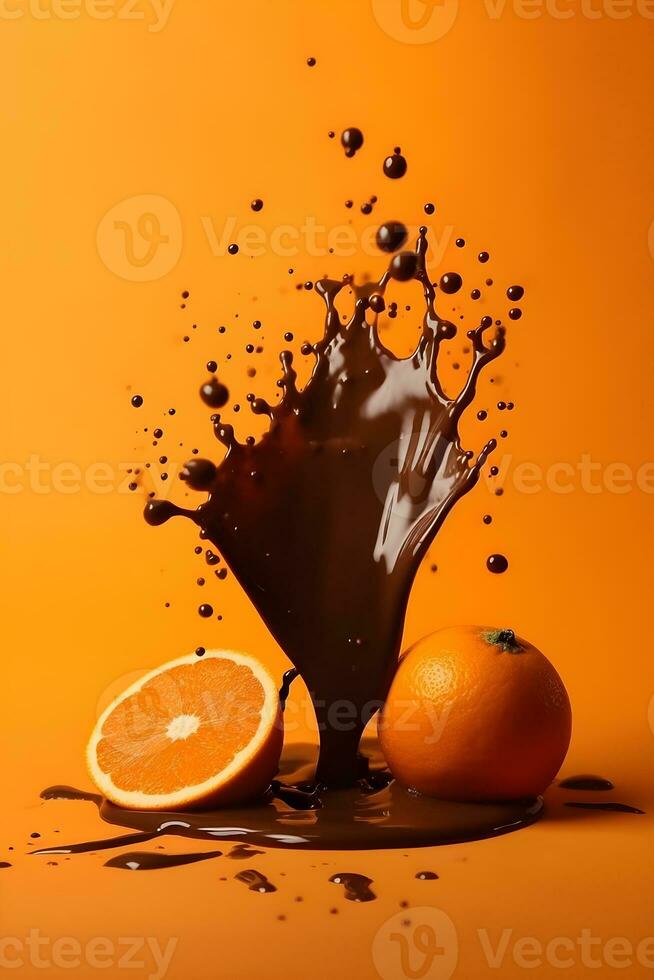 respingo do chocolate com laranja em laranja fundo com copyspace foto