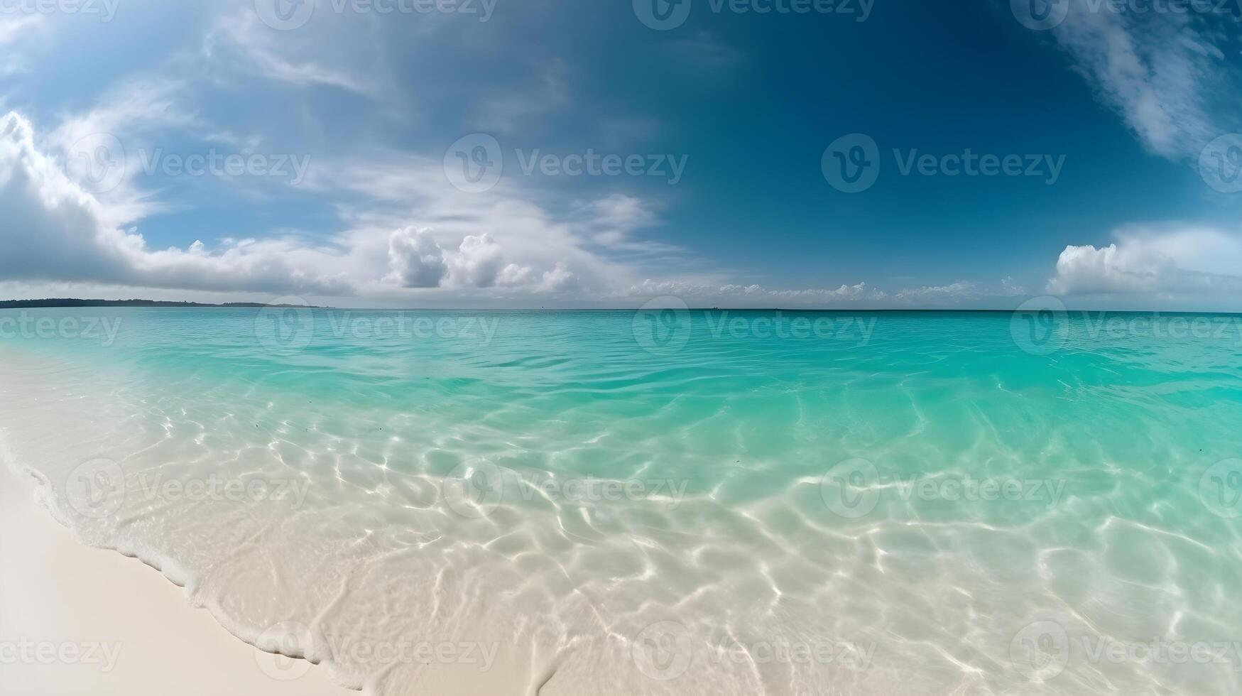 uma de praia com uma azul céu e branco nuvens. generativo ai foto