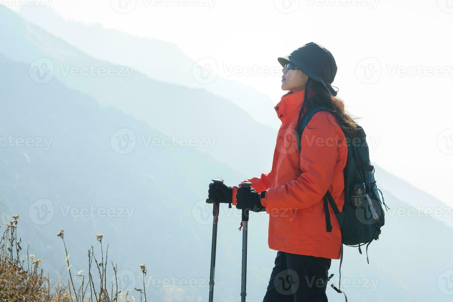 uma jovem viajante caminhada em floresta trilha , Nepal foto