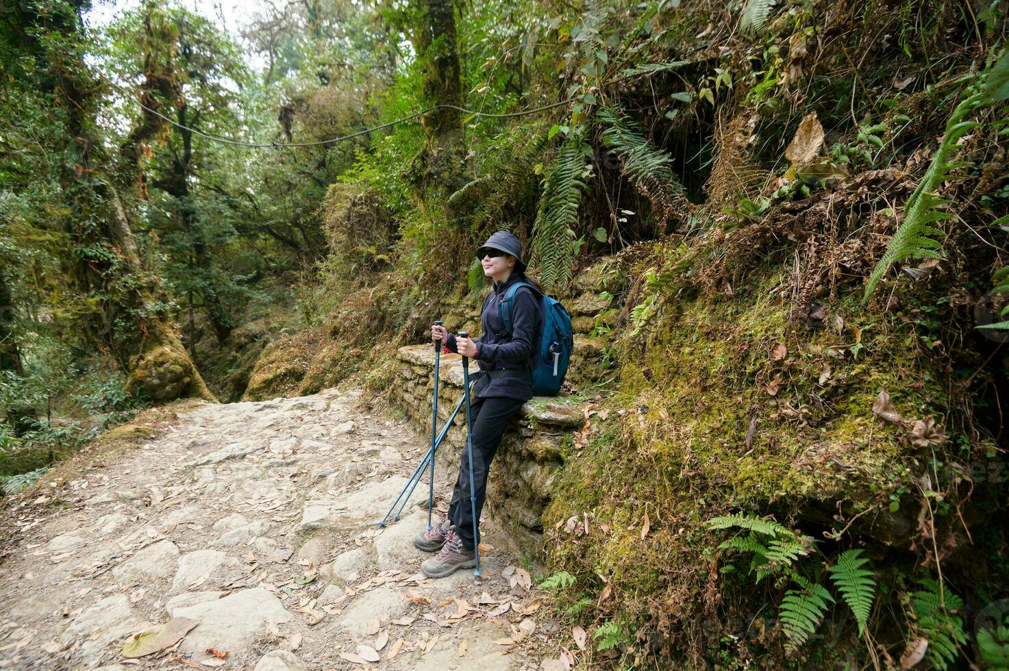 uma jovem viajante caminhada em floresta trilha , Nepal foto