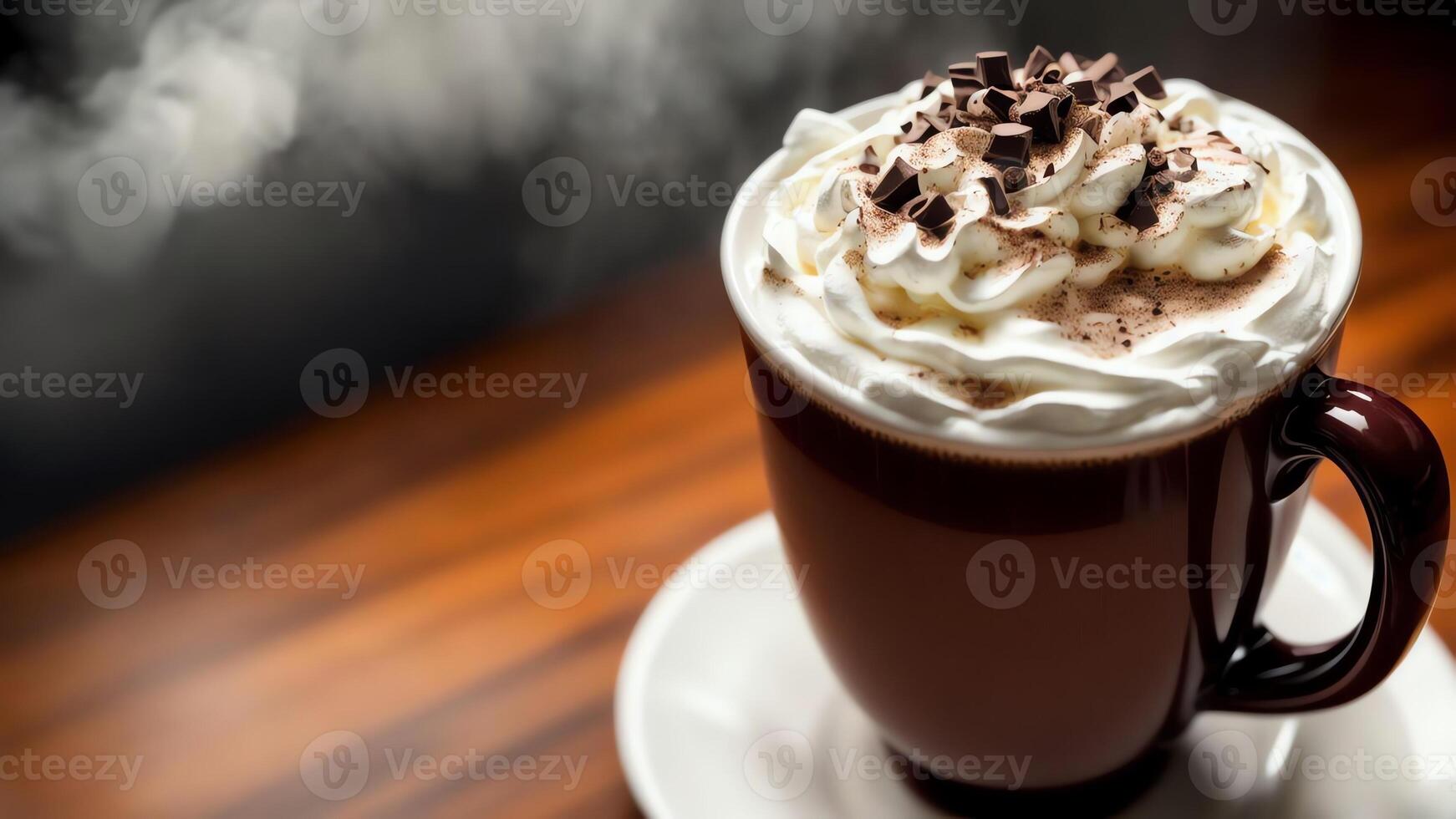 acolhedor quente chocolate com açoitado creme e chocolate aparas de madeira. ai gerado. foto