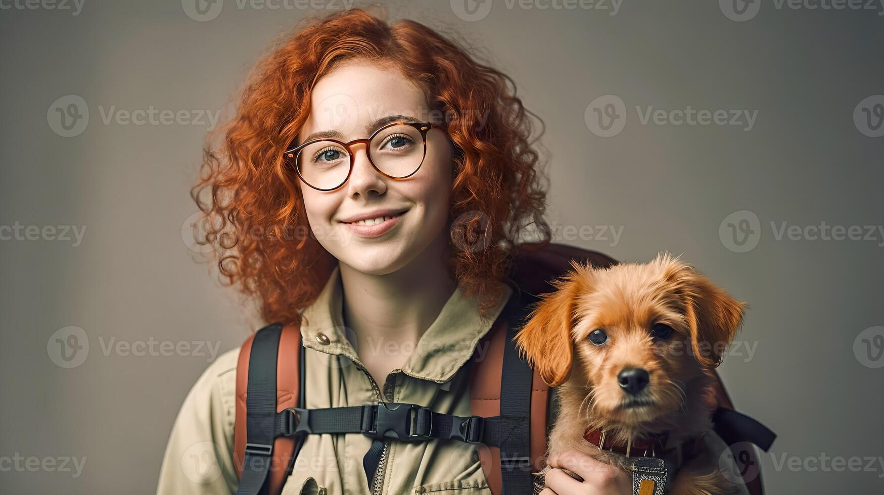 jovem vermelho encaracolado cabelo mulher mochileiro carregando dela ombro mochila para viagem juntos com dela cachorro, generativo ai foto