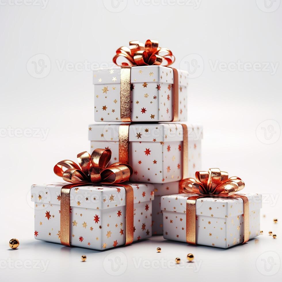 alegre Natal e feliz Novo ano Projeto. realista pilha presentes caixas. ai gerado. foto