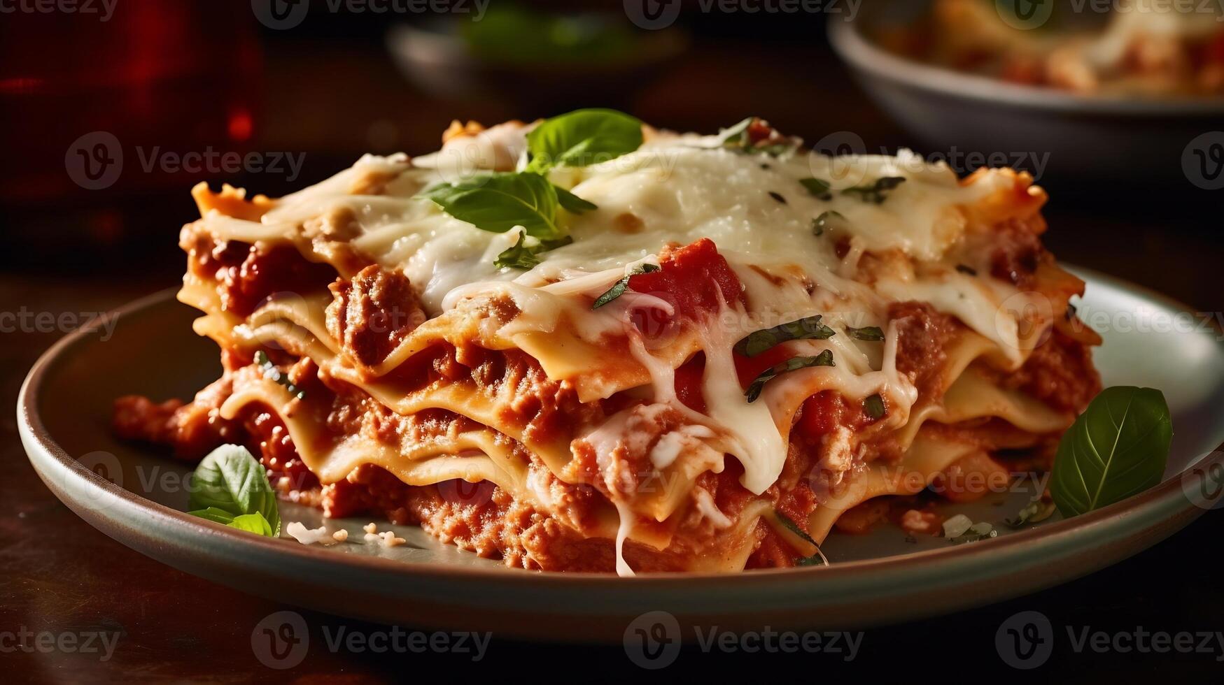 ai gerado. capturar a conforto e riqueza do forte lasanha. camadas do massa, carnudo tomate molho, cremoso queijo o preenchimento cozido para perfeição. foto