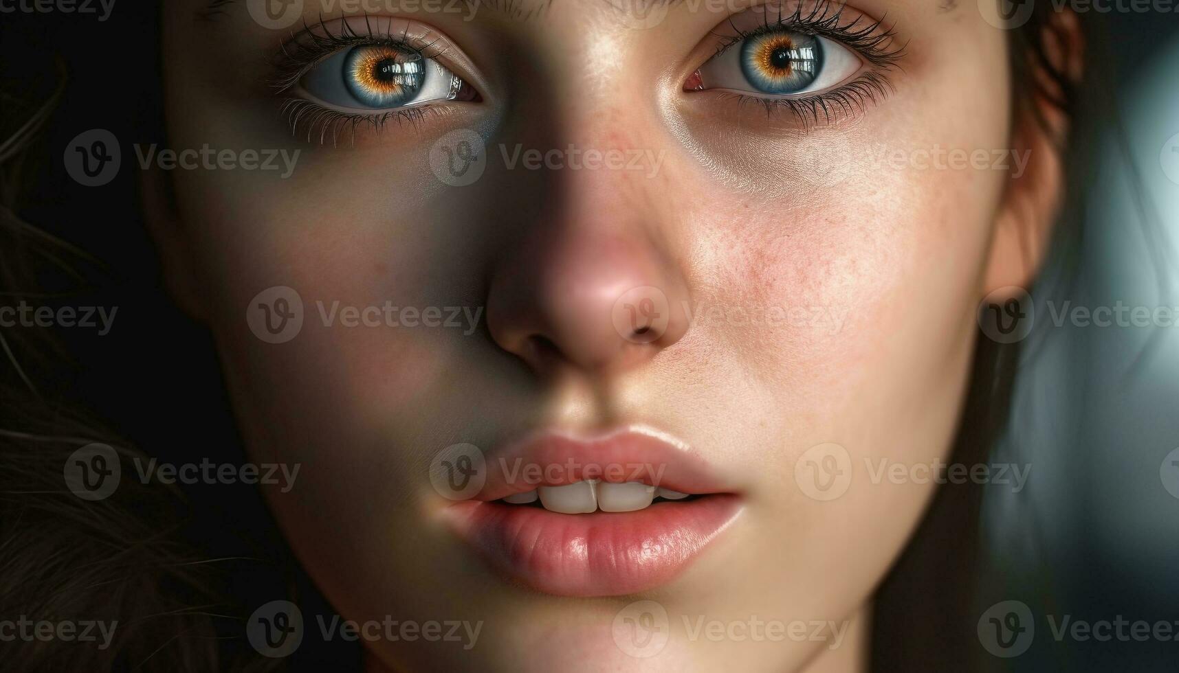 lindo jovem mulher com azul olhos encarando às Câmera a sério gerado de ai foto