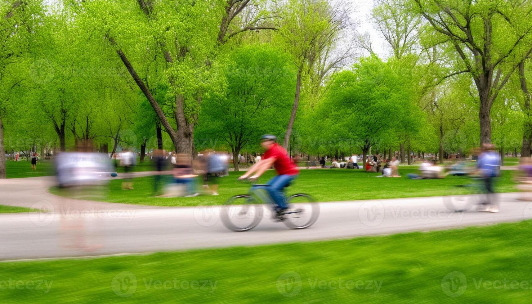 homens ciclismo dentro natureza, borrado movimento, velocidade, saudável estilo de vida gerado de ai foto