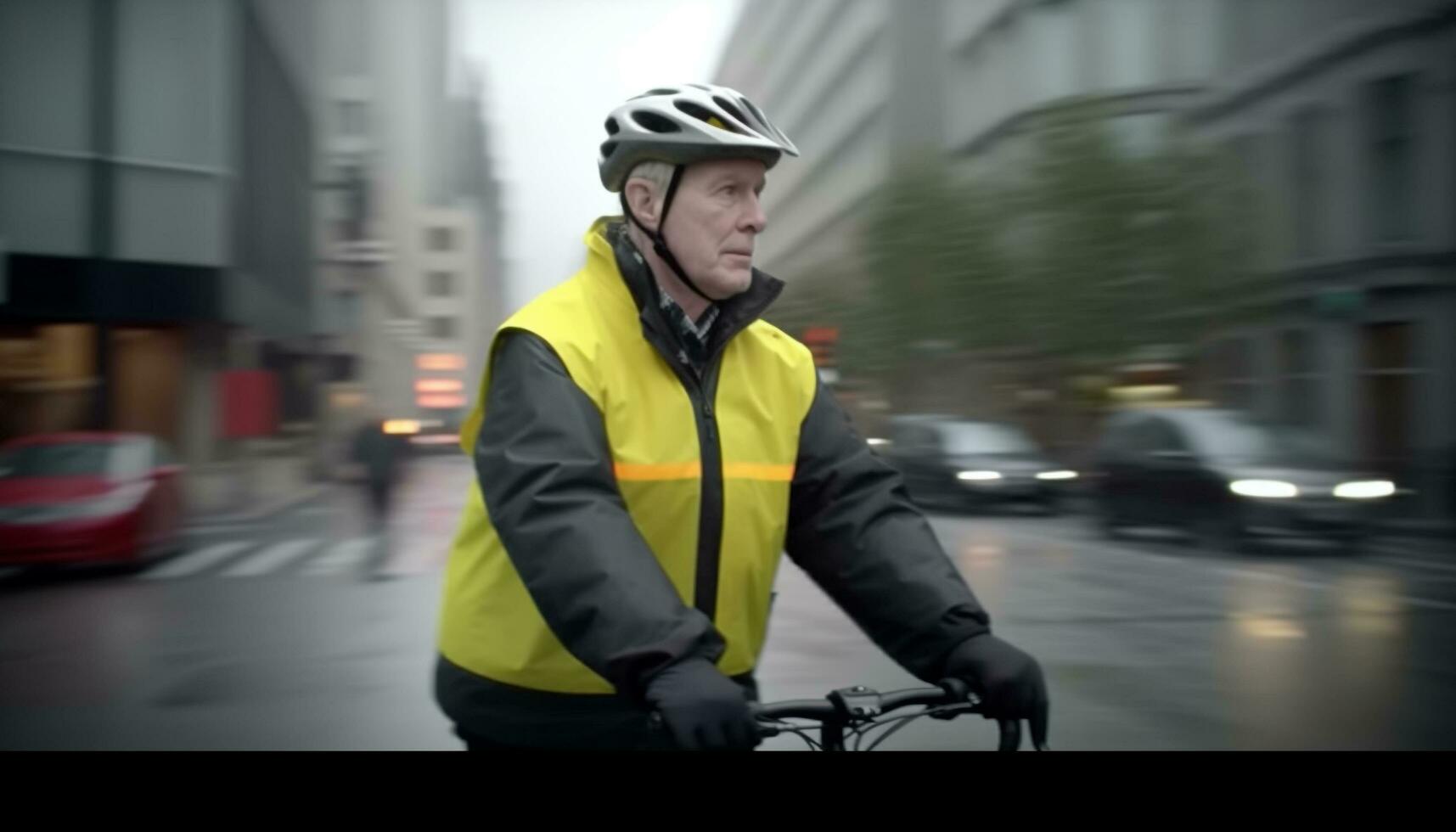 jovem adulto ciclista bravos chuva e tráfego dentro cidade comutar gerado de ai foto