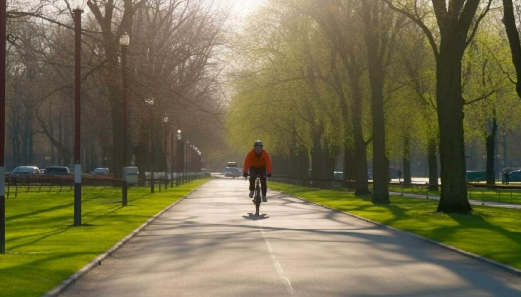 1 pessoa ciclismo ao ar livre, desfrutando natureza e saudável estilo de vida gerado de ai foto