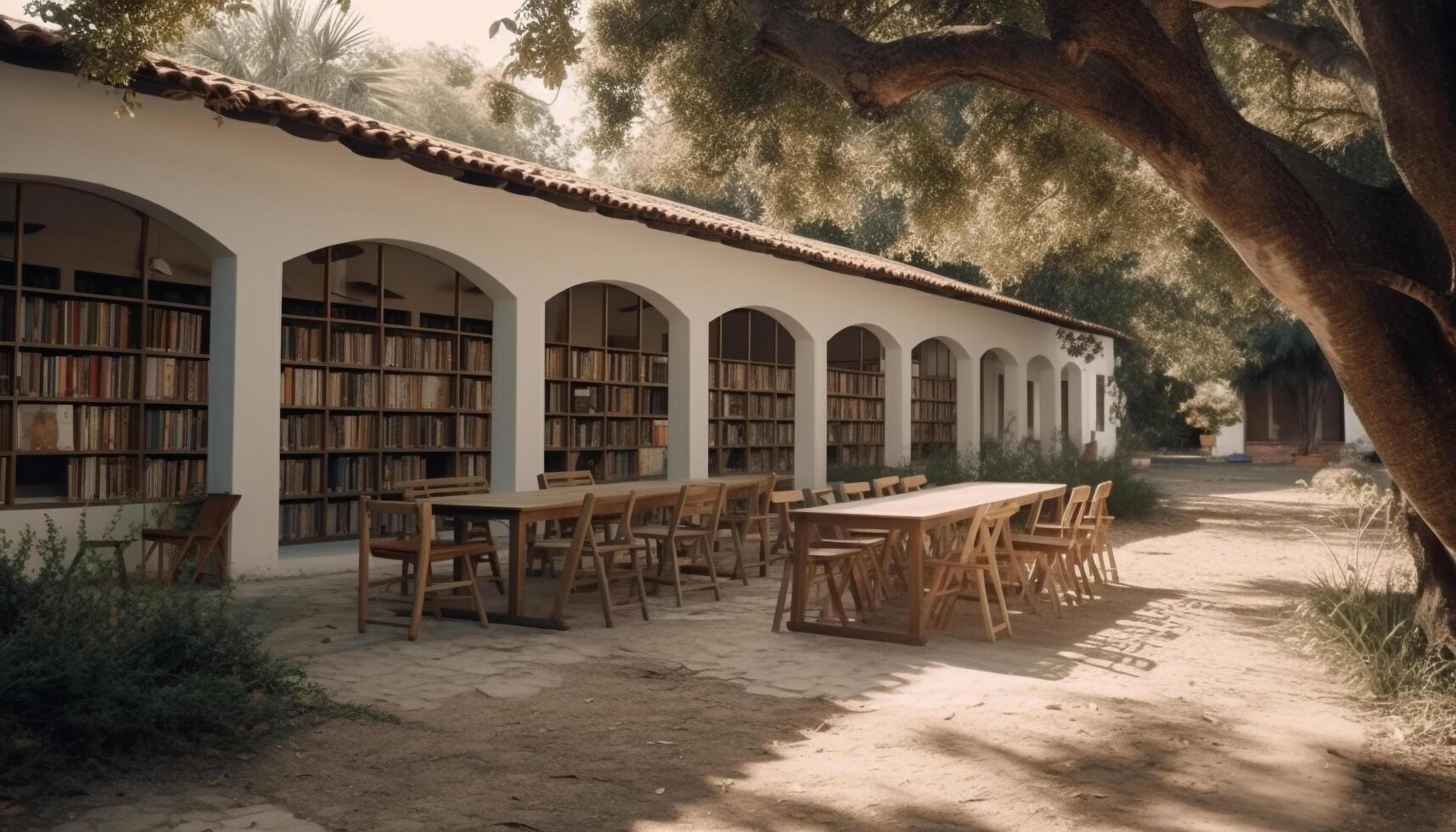 de madeira cadeira ao ar livre debaixo árvore, perfeito para verão relaxamento gerado de ai foto