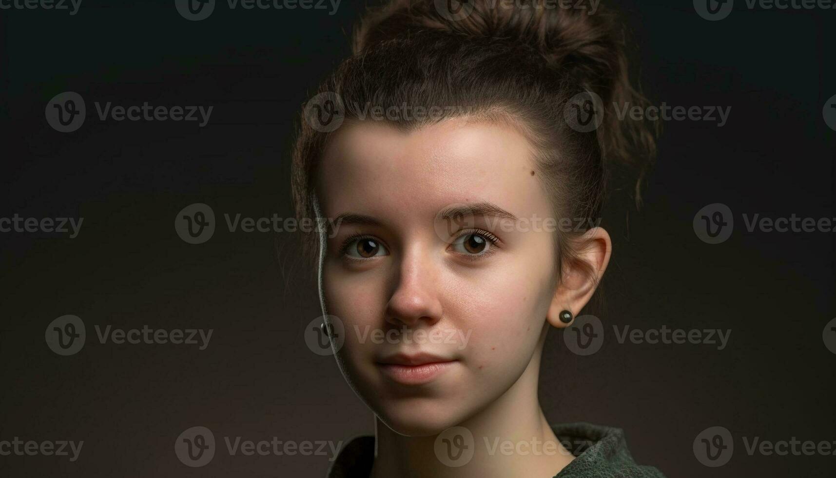 fofa caucasiano criança com Castanho cabelo sorridente para Tiros na Cabeça retrato gerado de ai foto