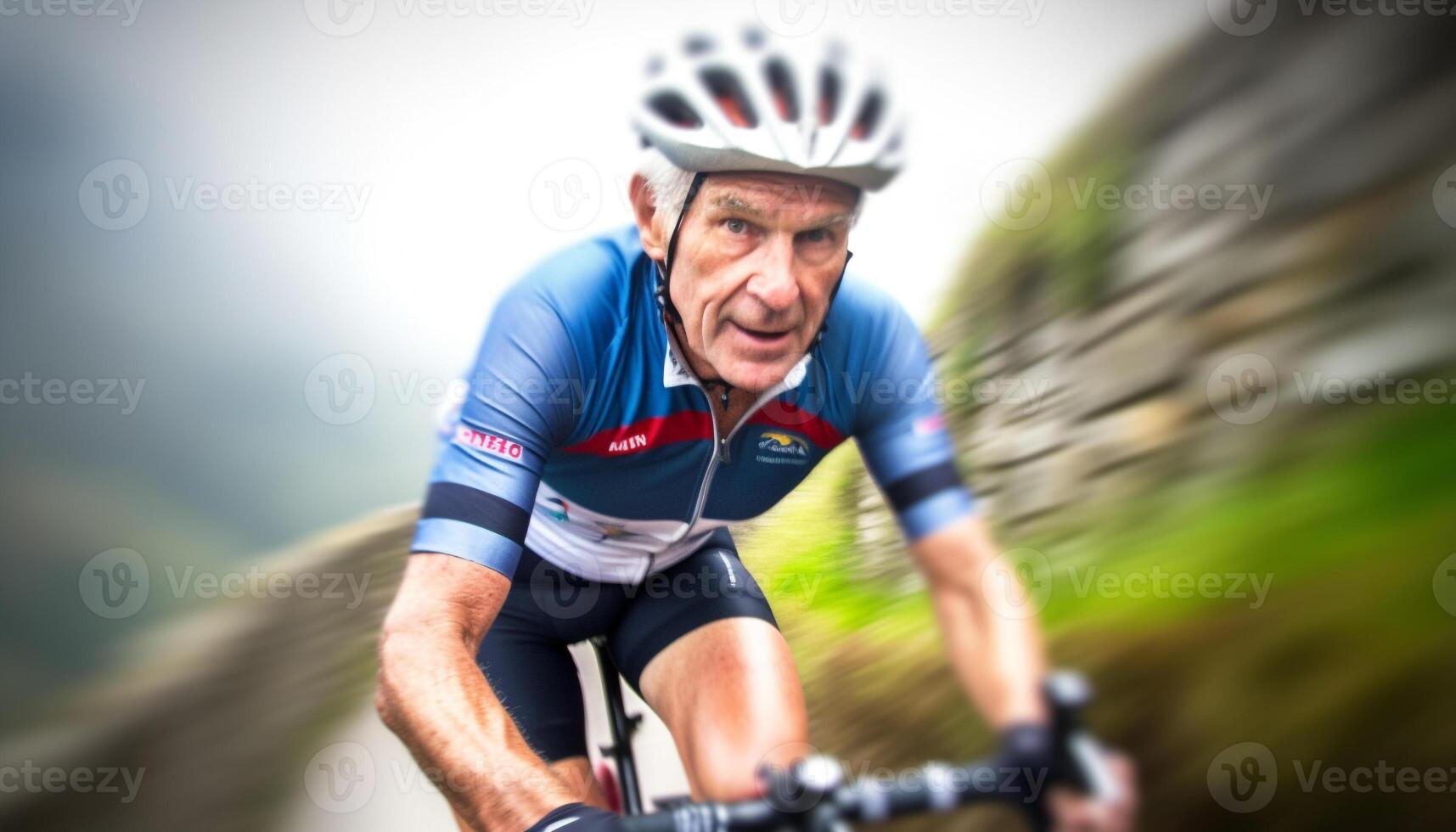 1 determinado atleta ciclismo através natureza com uma Esportes capacete gerado de ai foto