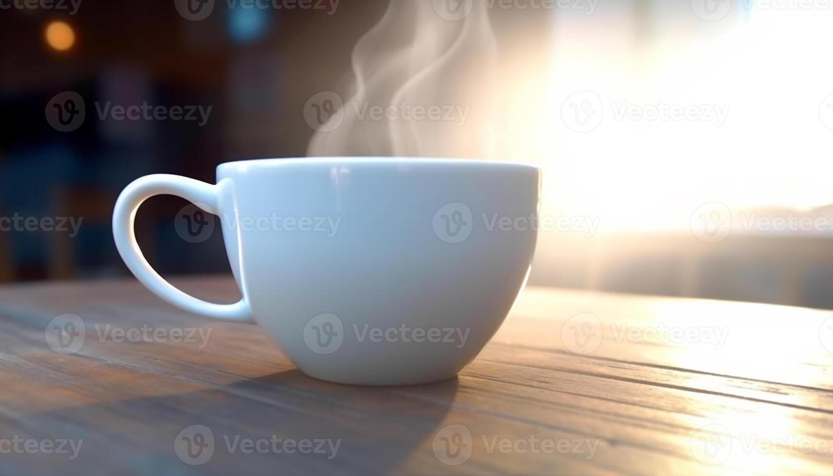 quente café vapor sobe a partir de caneca em de madeira mesa dentro de casa gerado de ai foto